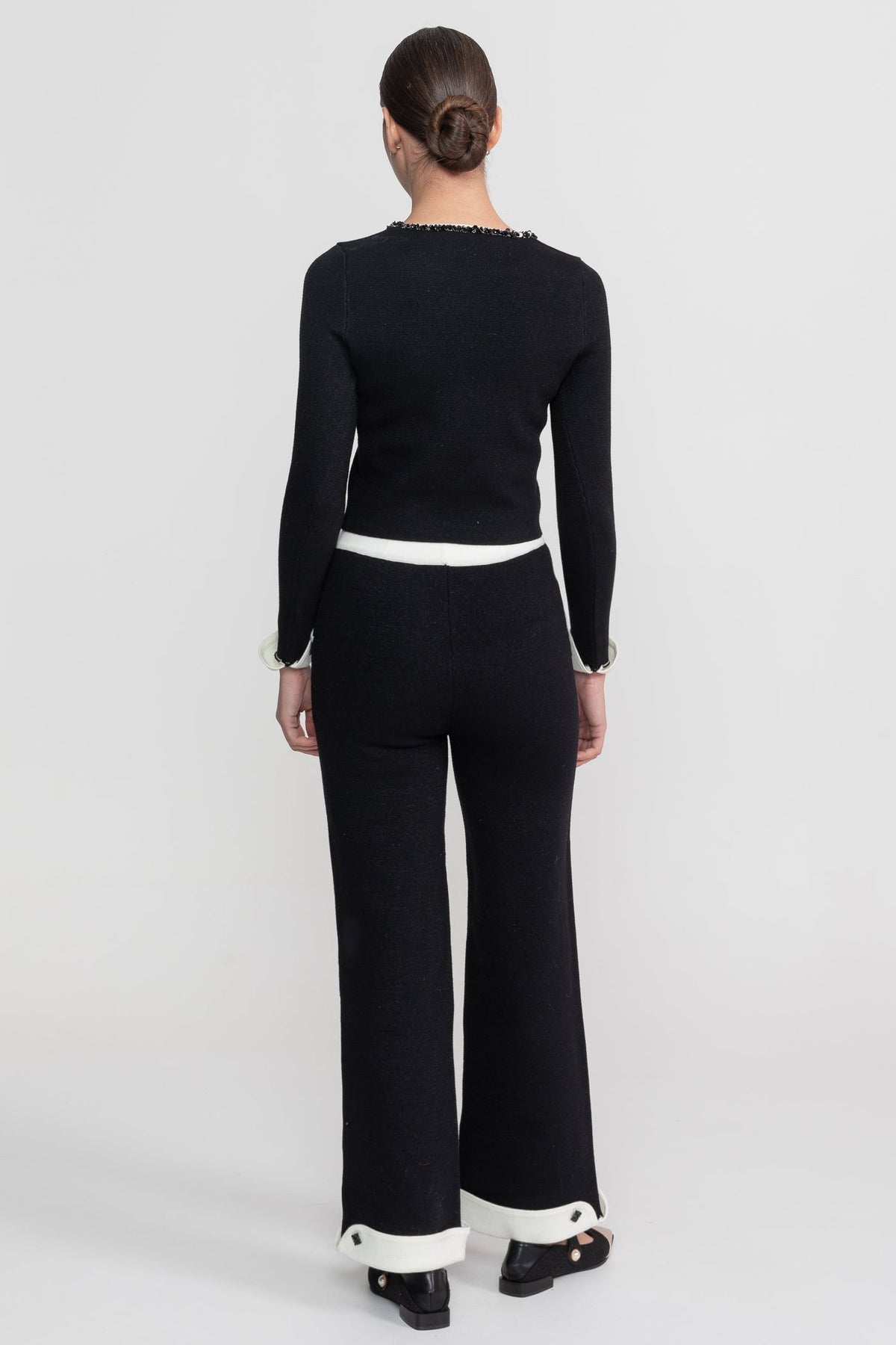 Cropped Knit Cardigan and Wide Leg Trousers Set with Contrast Trim – Black – view 4