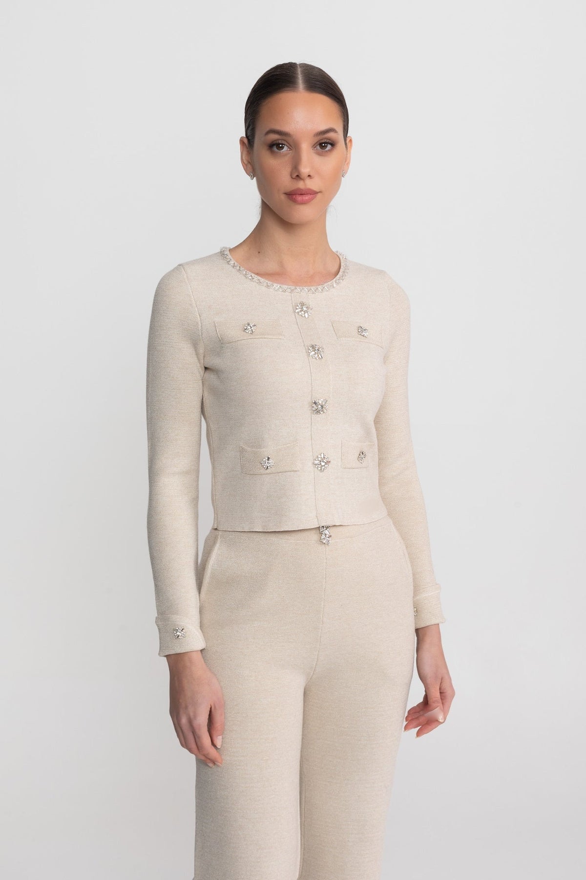 Embellished Cropped Knit Cardigan and Wide Leg Trousers Set – Beige – view 3