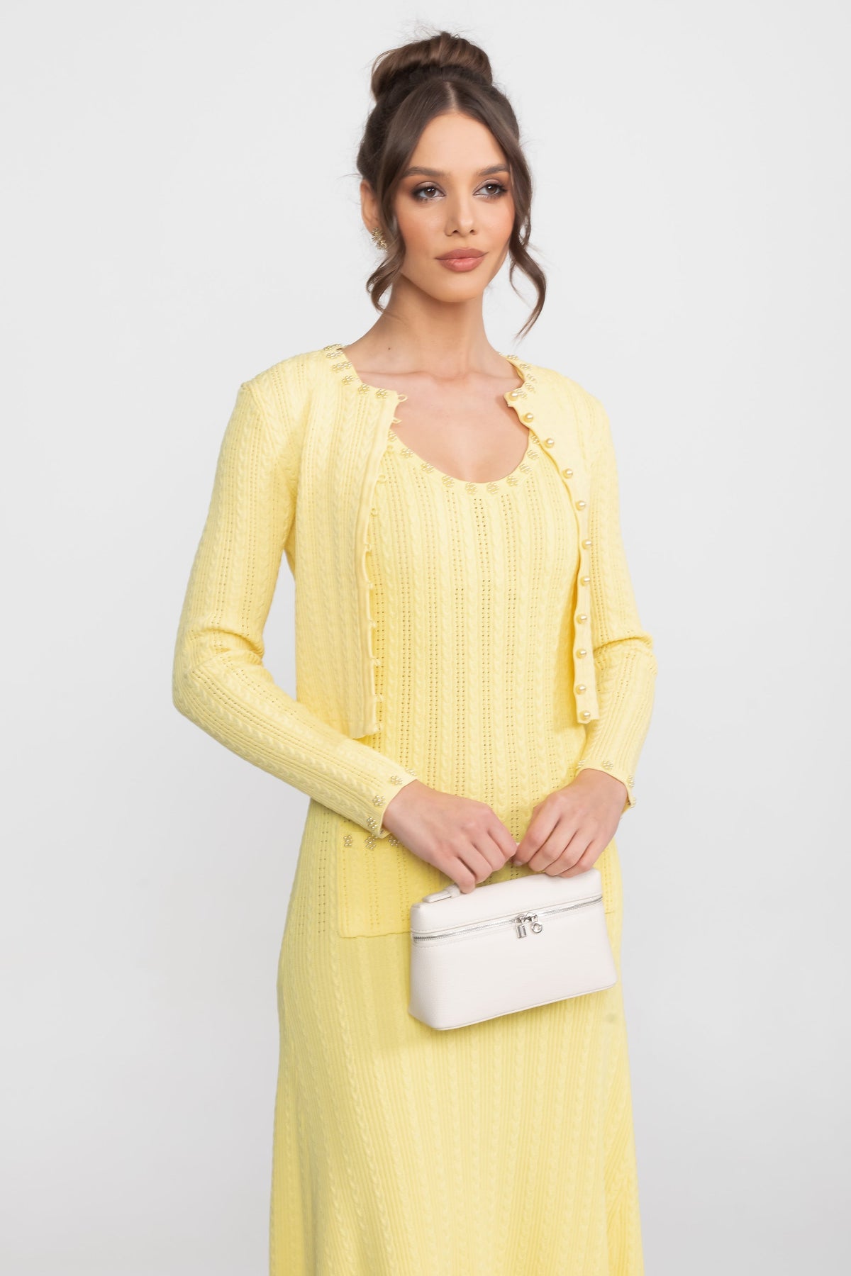 Ribbed Knit Midi Dress and Cropped Cardigan Set with Pearl Buttons – Yellow – view 4