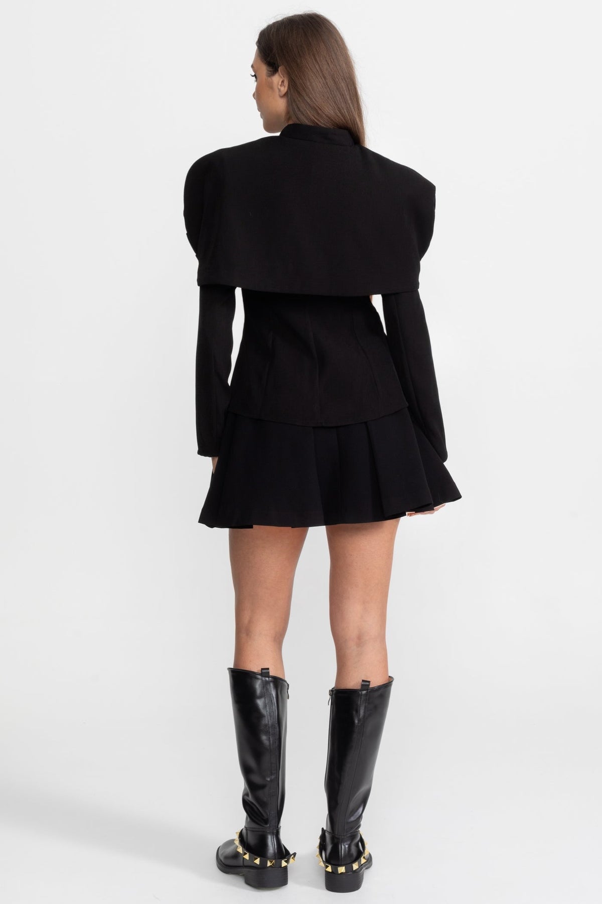 Tailored Blazer with Sculptural Cape Overlay and Gold Buttons – Black – view 4