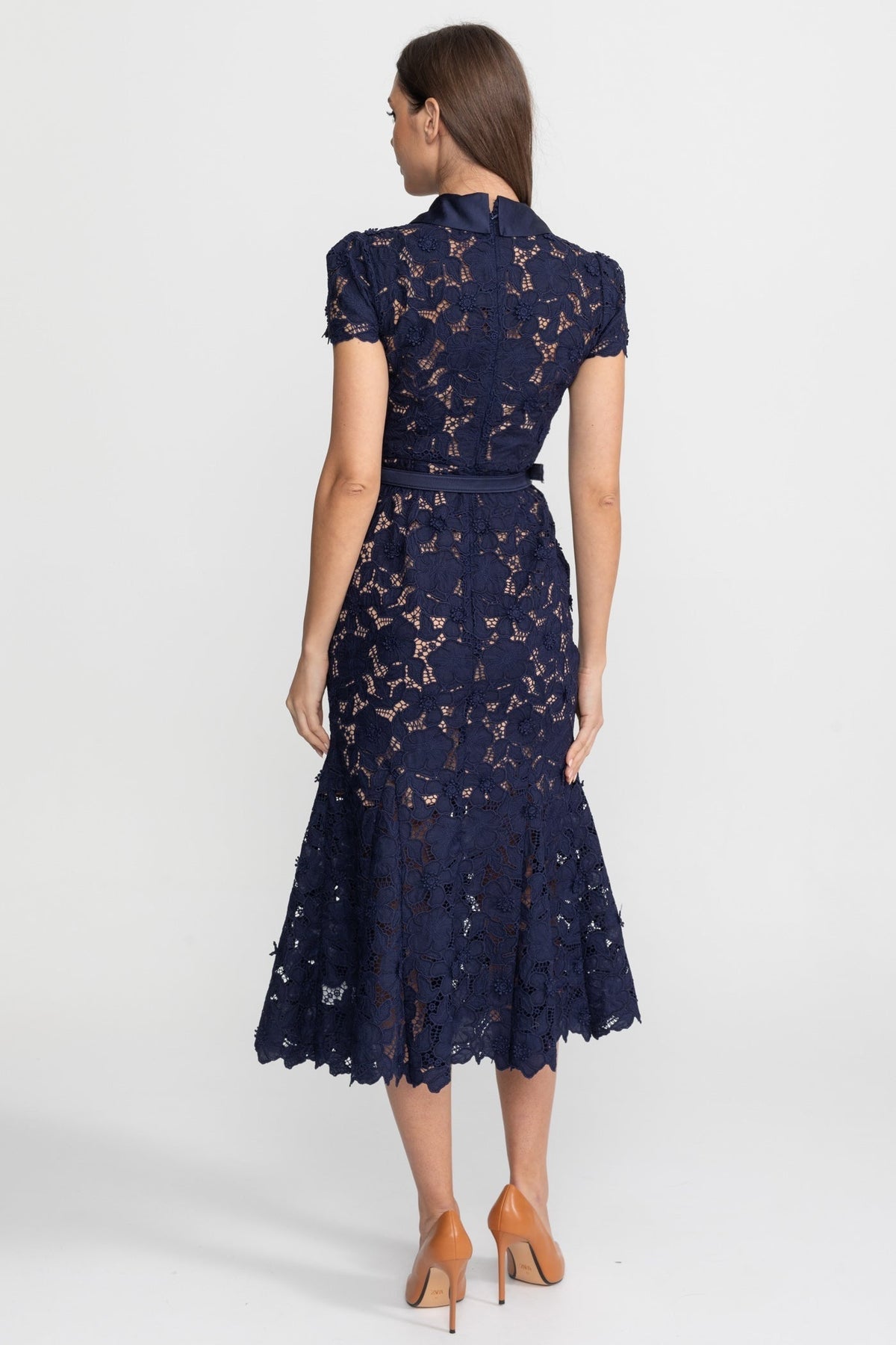 Lace Short Sleeve Midi Dress with Satin Collar and Belted Waist – Navy