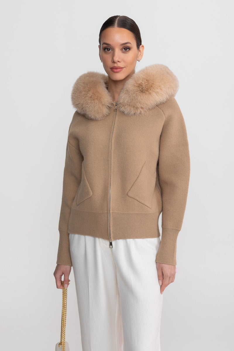 Zip-Up Wool Blend Knit Hoodie – Brown