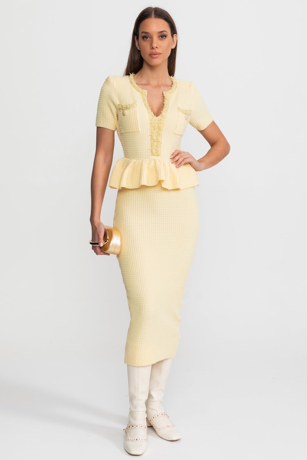 Fitted Knit Midi Dress with Peplum Waist and Patch Pockets – Yellow – view 9