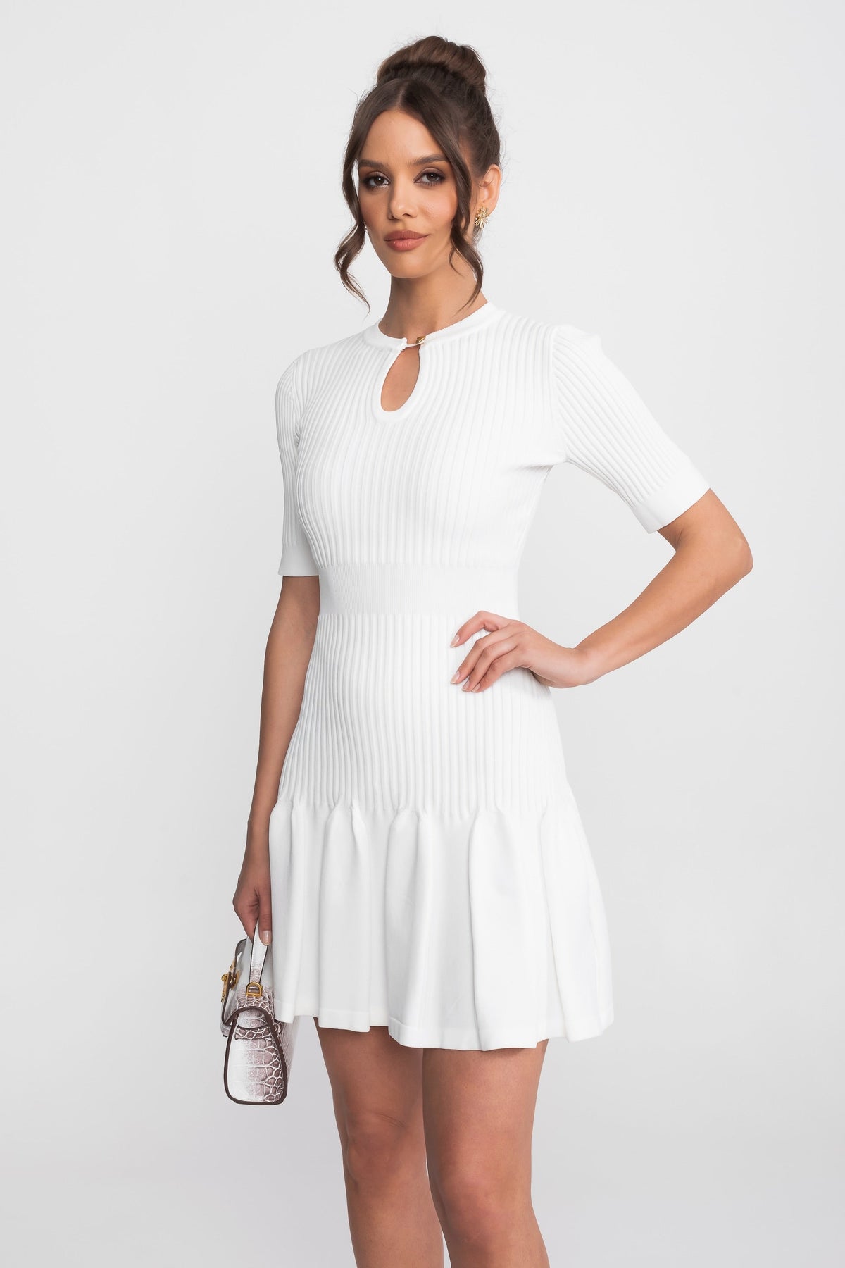 Ribbed Knit Keyhole Neck Mini Dress with Gold Button – White – view 3
