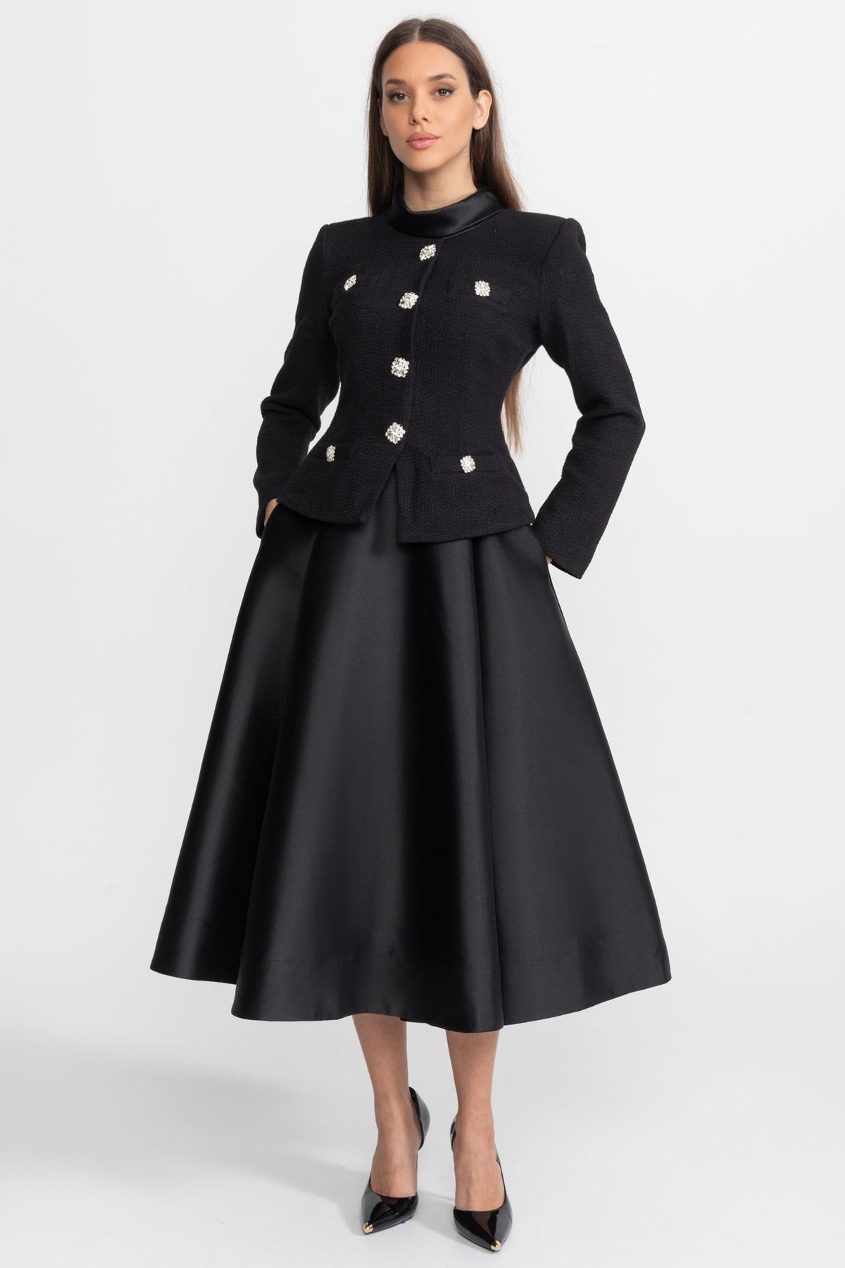 Two-in-One Midi Dress with Crystal Button Jacket Overlay – Black – view 1