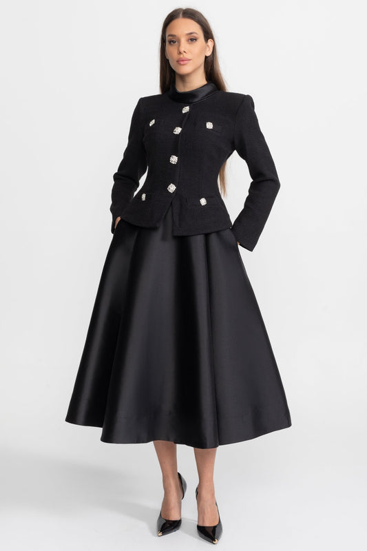 Two-in-One Midi Dress with Crystal Button Jacket Overlay – Black