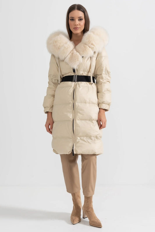 Long Duck Down Puffer Jacket with White Lined Hood – Ivory