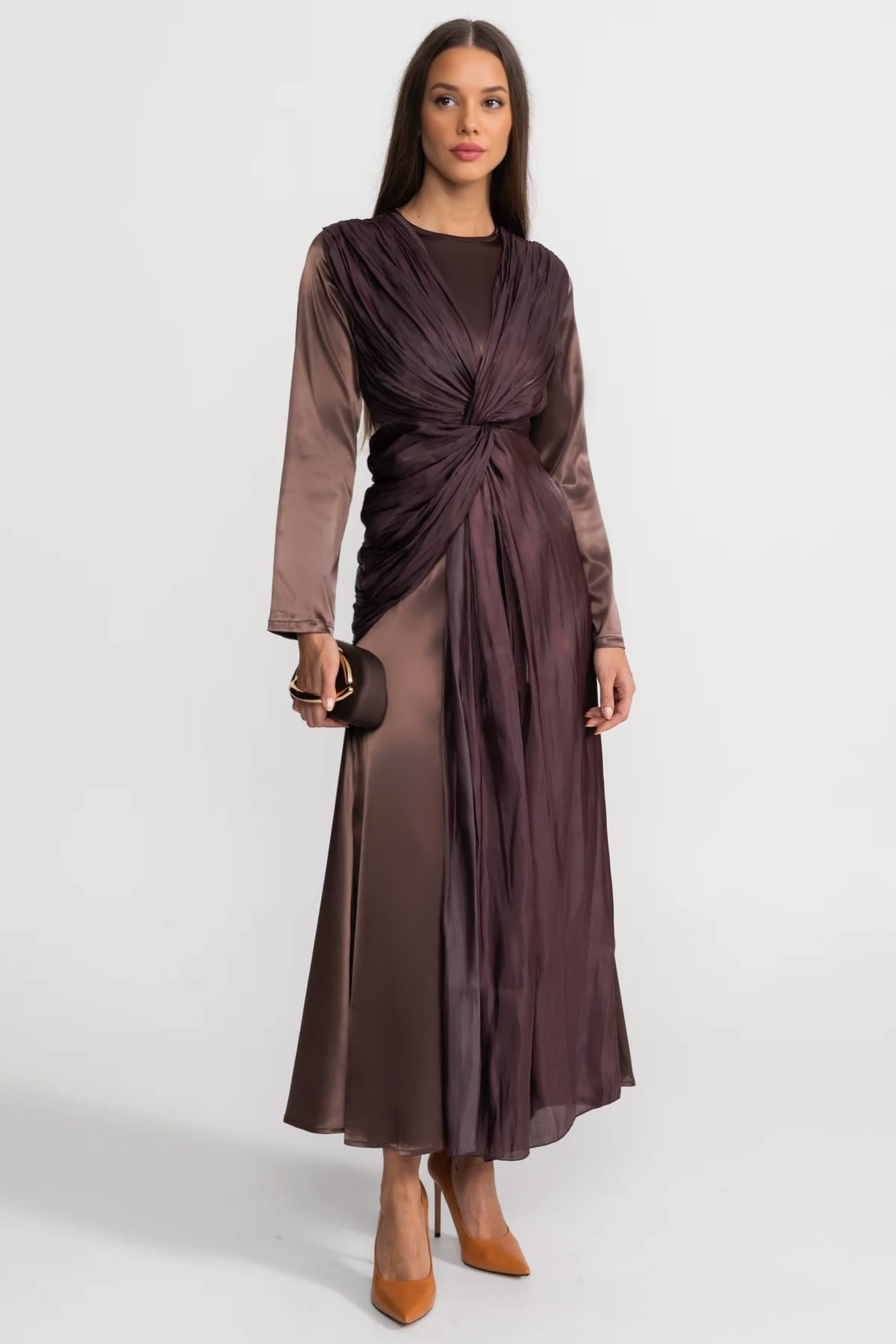 Satin Long Sleeve Midi Dress with Draped Knot Front – Brown – view 1