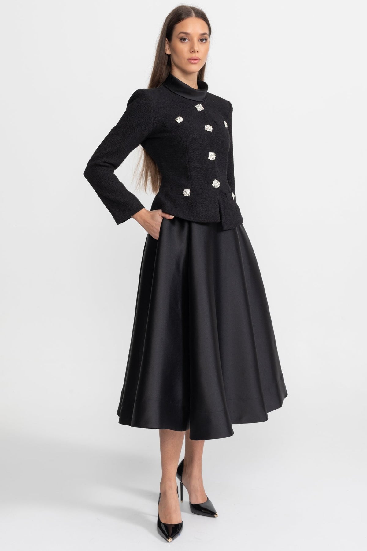 Two-in-One Midi Dress with Crystal Button Jacket Overlay – Black – view 2