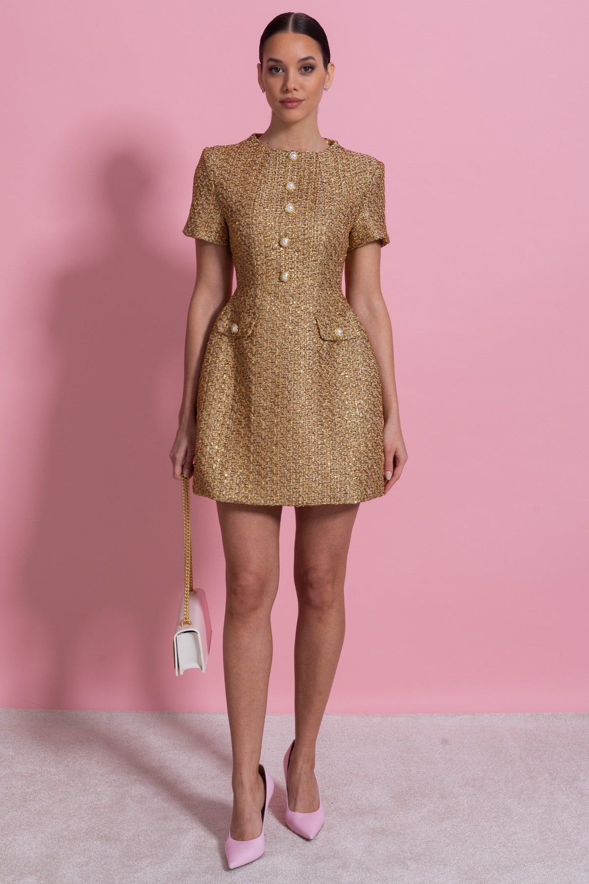 Metallic Tweed A-Line Mini Dress with Pearl-Effect Buttons – Gold – view 6