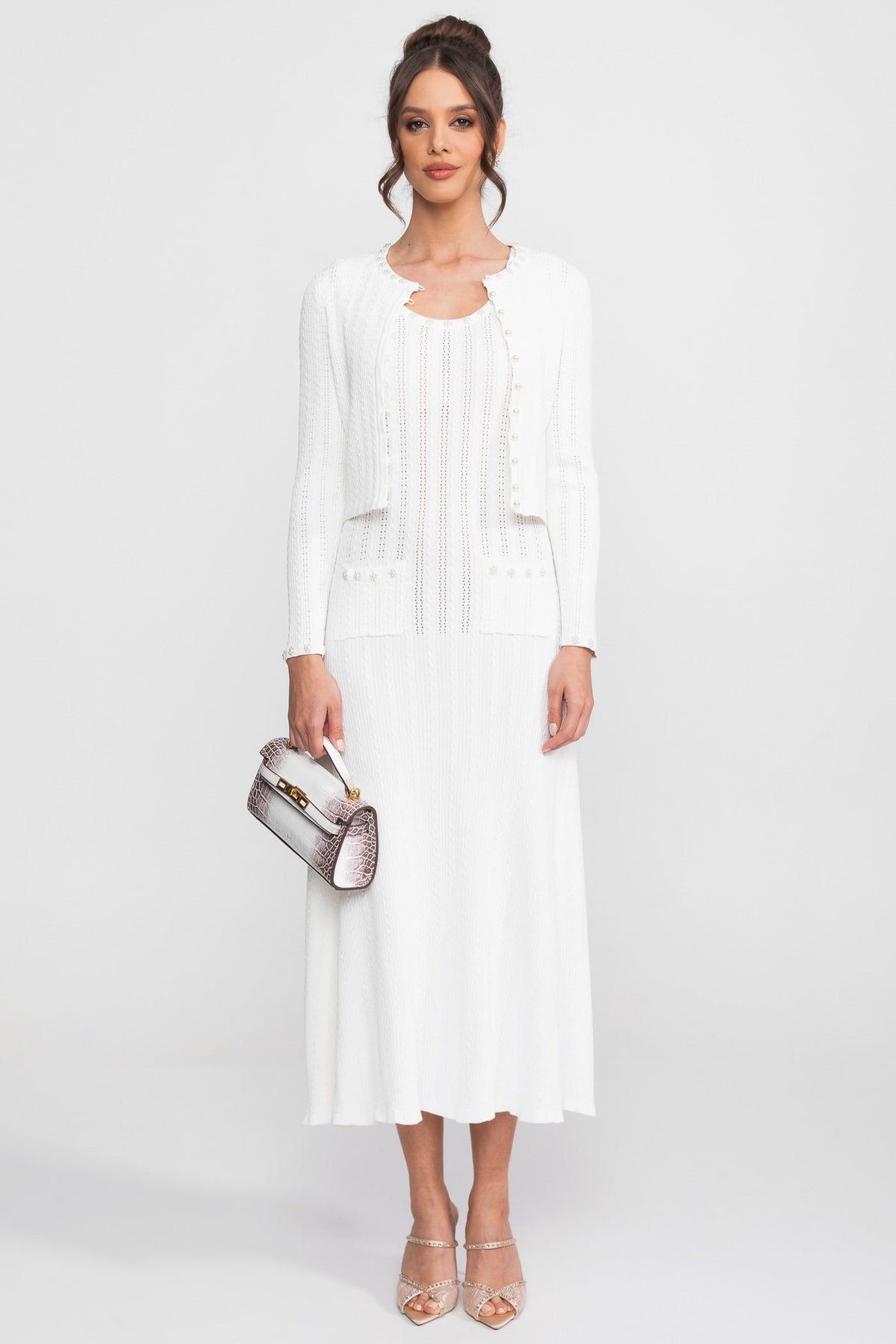Ribbed Knit Midi Dress and Cropped Cardigan Set with Pearl Buttons – White – view 1