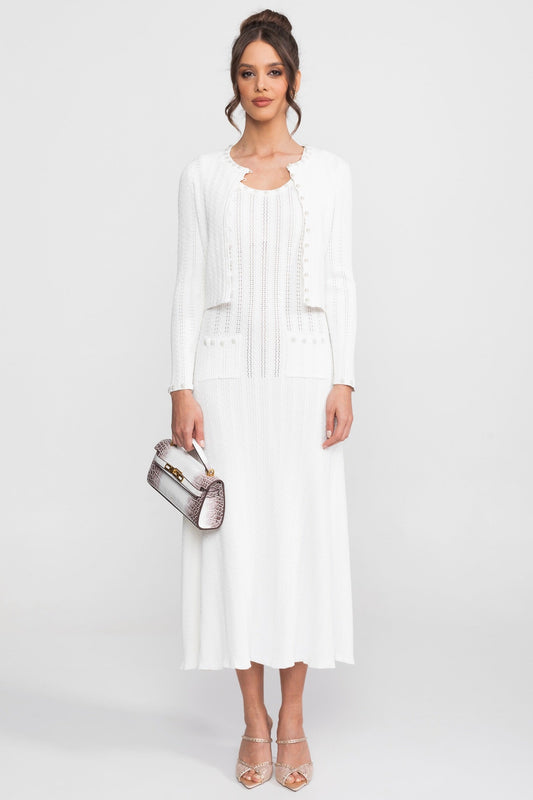 Ribbed Knit Midi Dress and Cropped Cardigan Set with Pearl Buttons – White