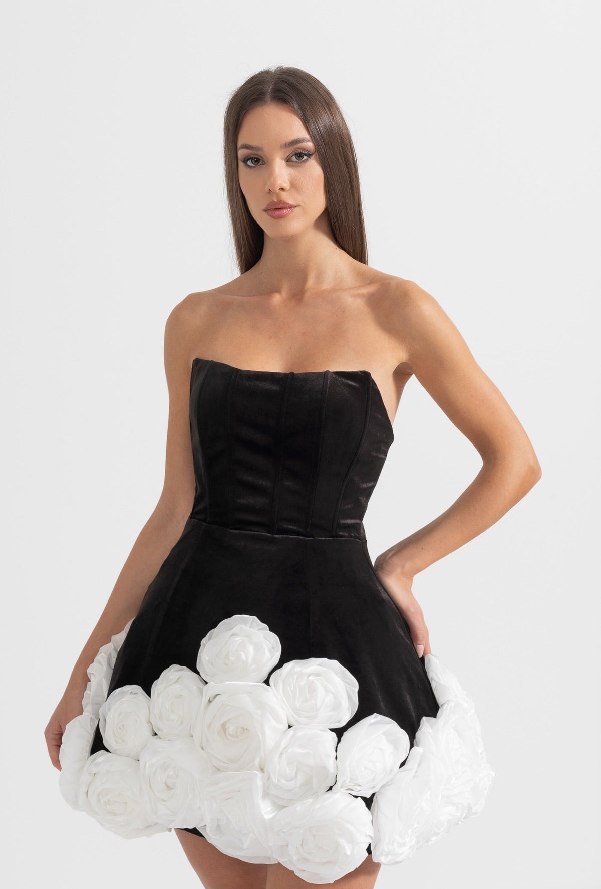 Strapless Mini Dress with White Rose Embellished Hem – Black