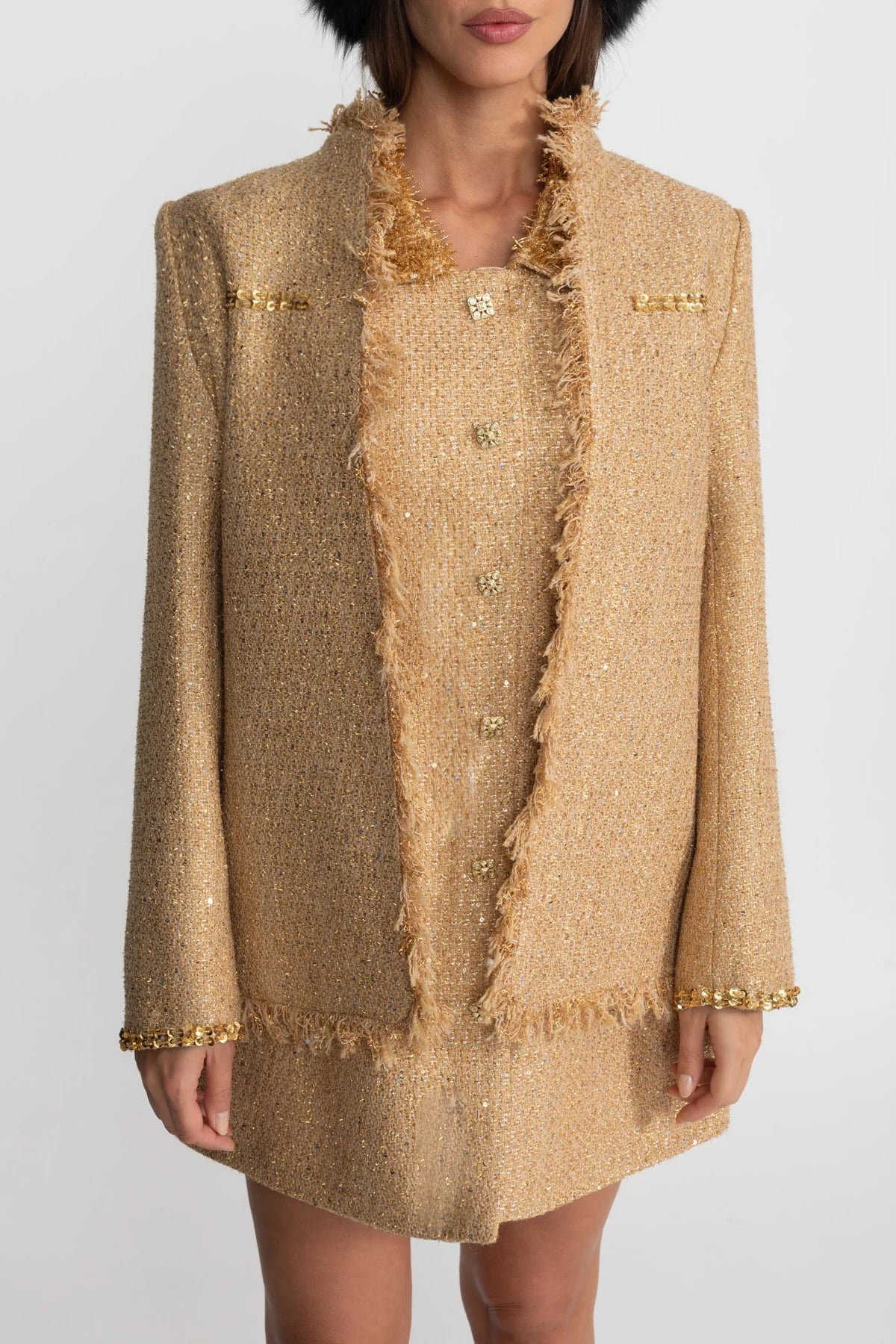Textured Tweed Overcoat with Sequin Embellishments and Fringe Trim – Gold – view 3