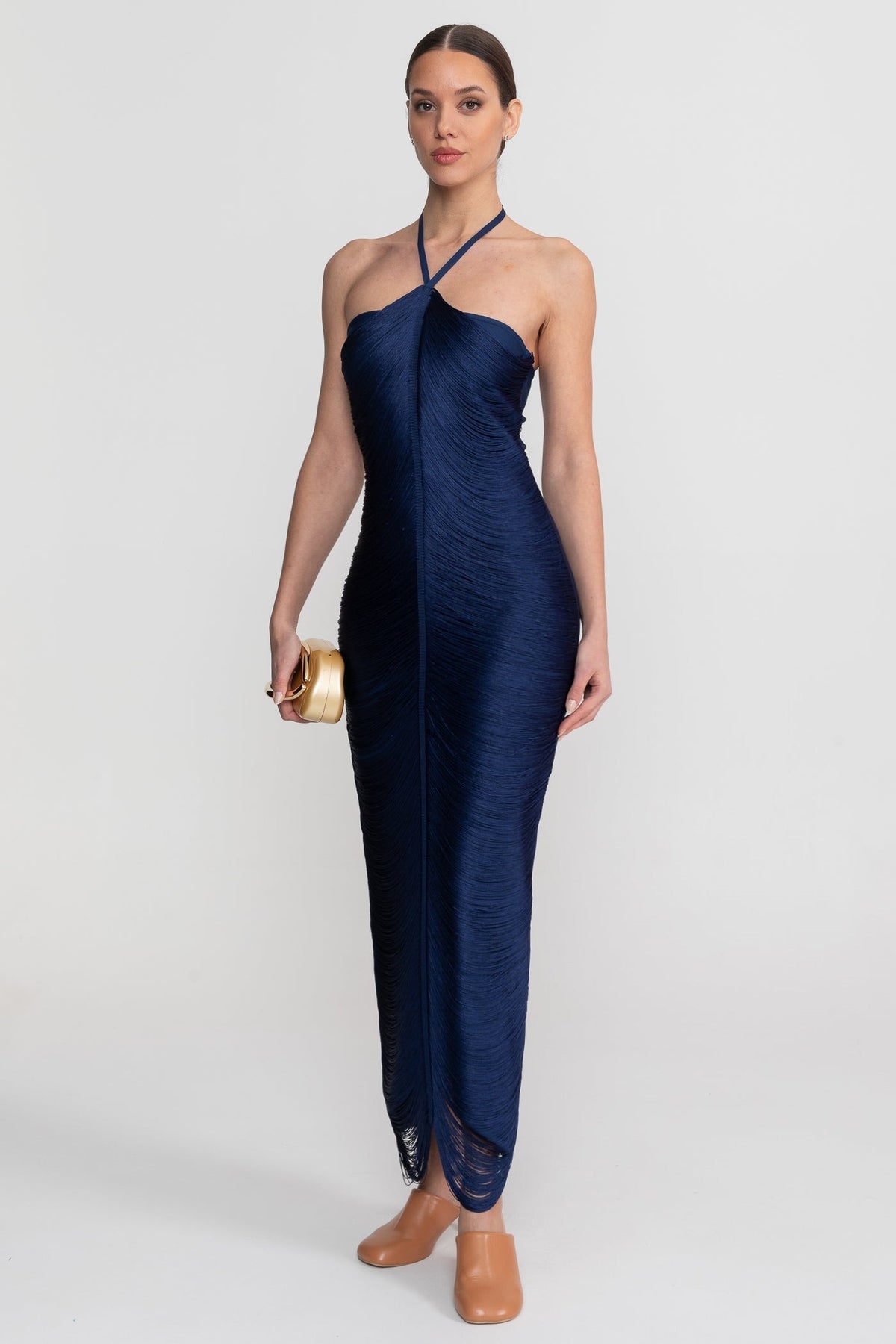 Pleated Halter Neck Body-Contouring Dress with Front Slit – Blue – view 3
