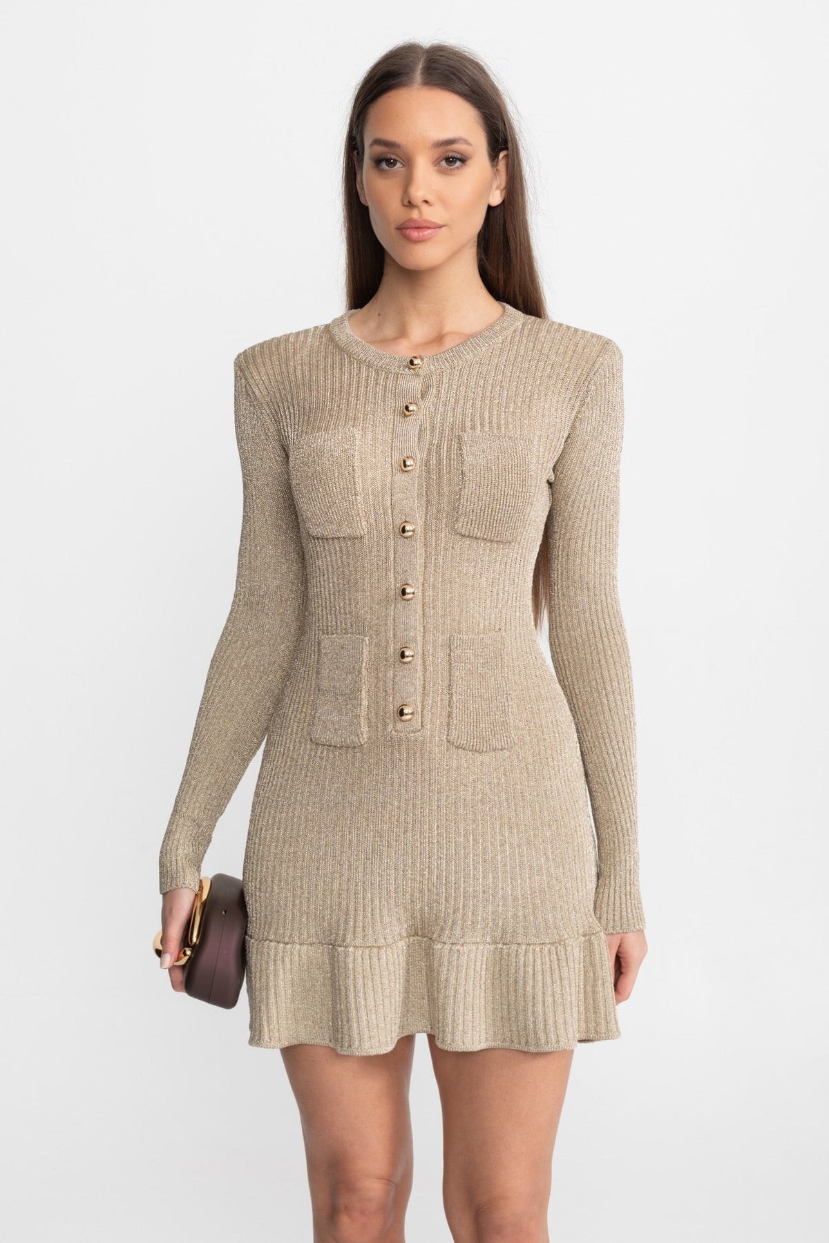 Shimmer Ribbed Knit Long Sleeve Mini Dress with Gold Buttons – Champagne