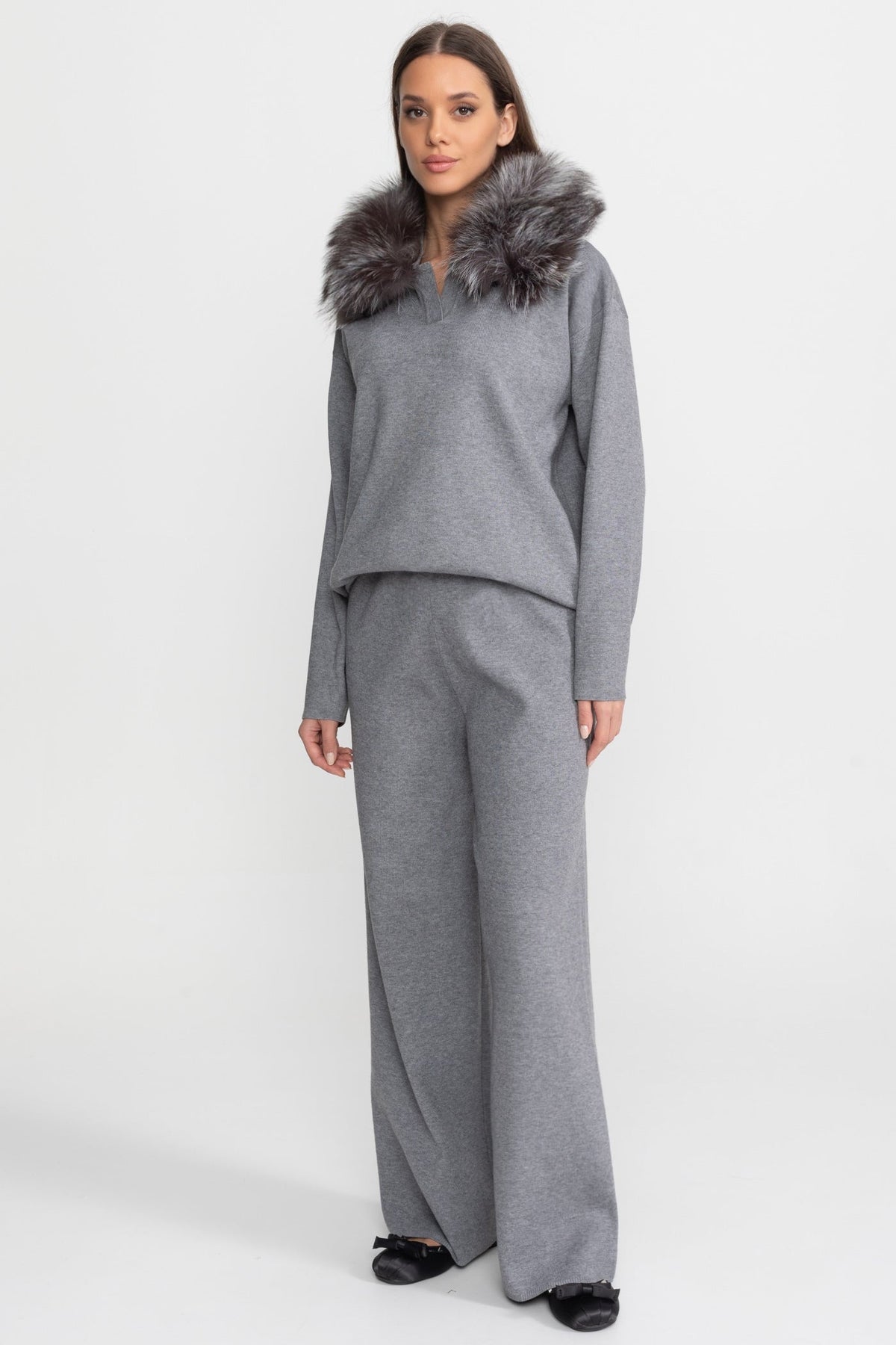 Knit Lounge Top and Straight Leg Trousers Set – Grey – view 3