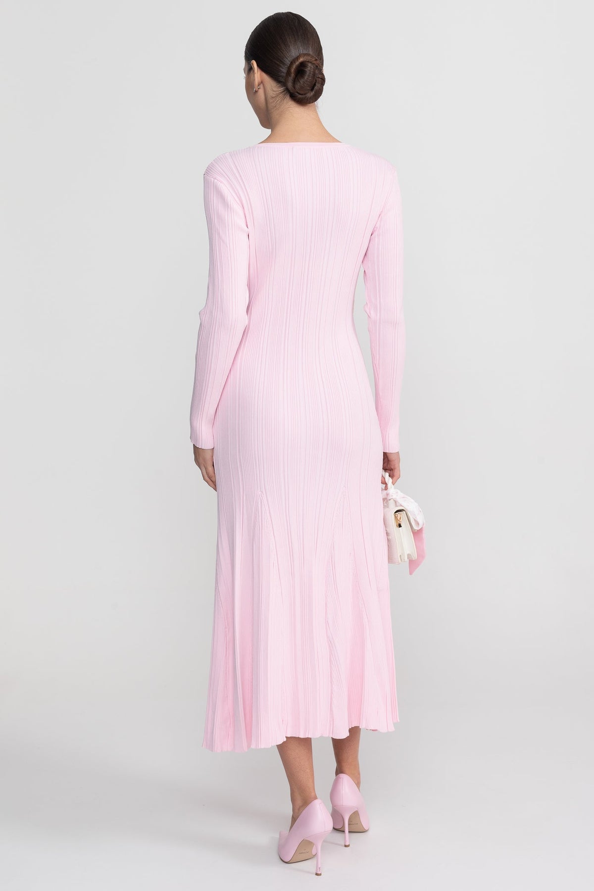 Ribbed Knit Lace Trim V-Neck Long Sleeve Midi Dress – Baby Pink – view 9