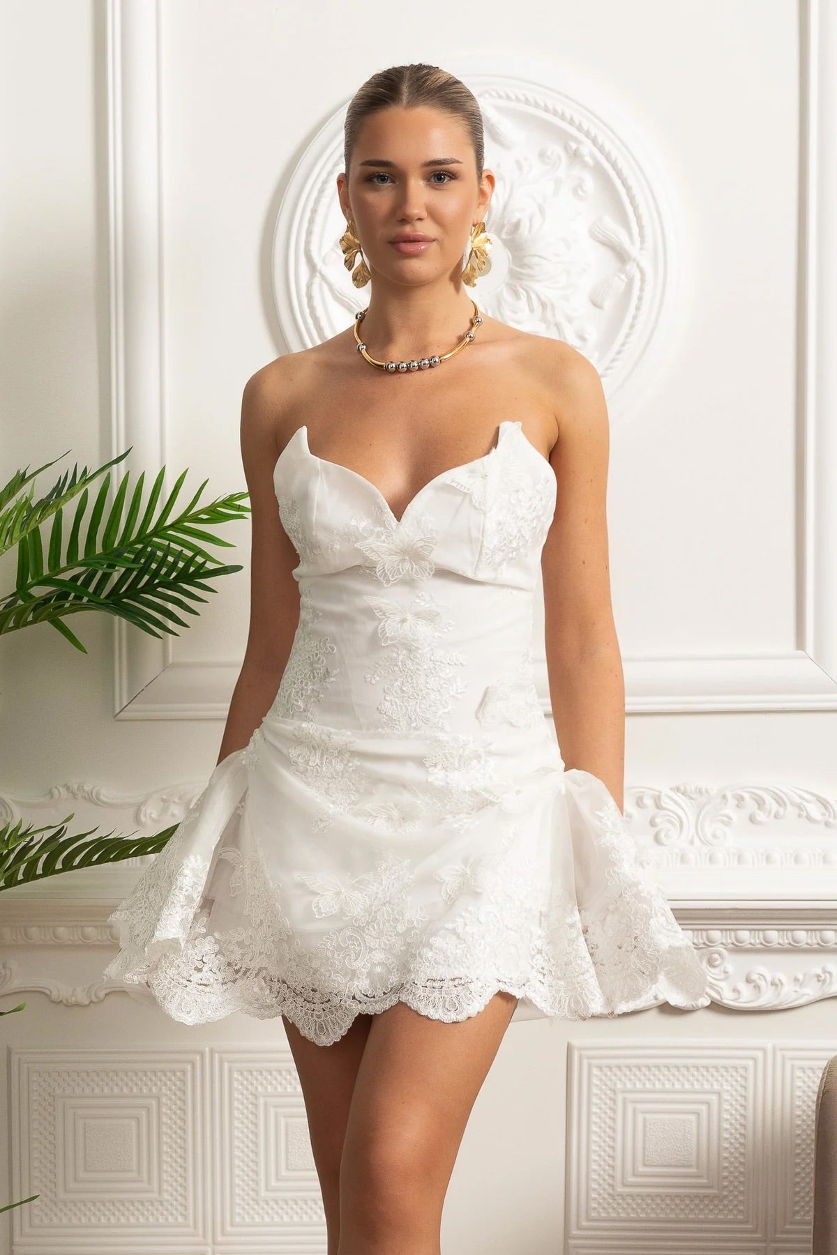 Strapless Embroidered Tulle Corset Mini Dress with Scalloped Hem – White – view 3
