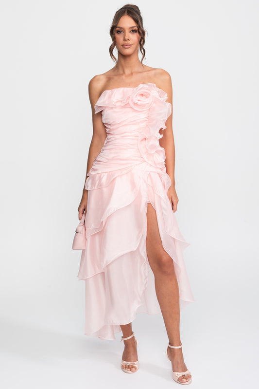 Strapless Satin Rosette Dress with Petal Hem and Front Slit – Pink