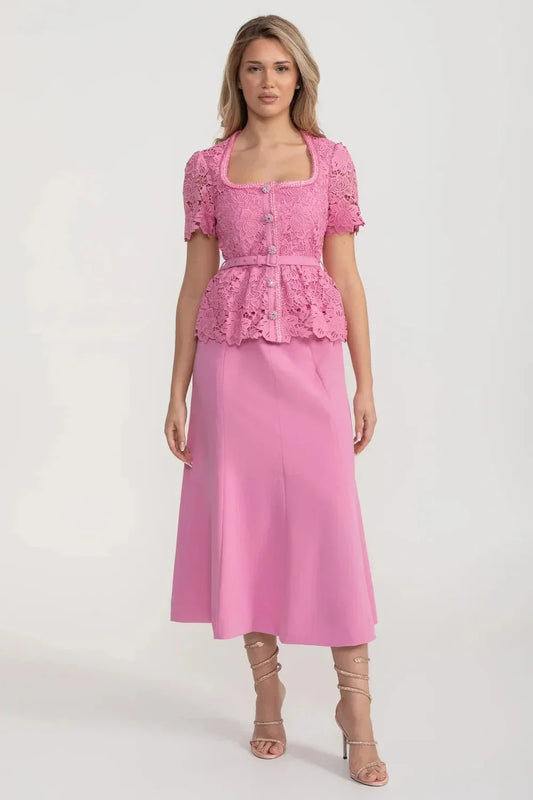 Short Sleeve Lace Top Midi Dress with Matching Belt – Pink