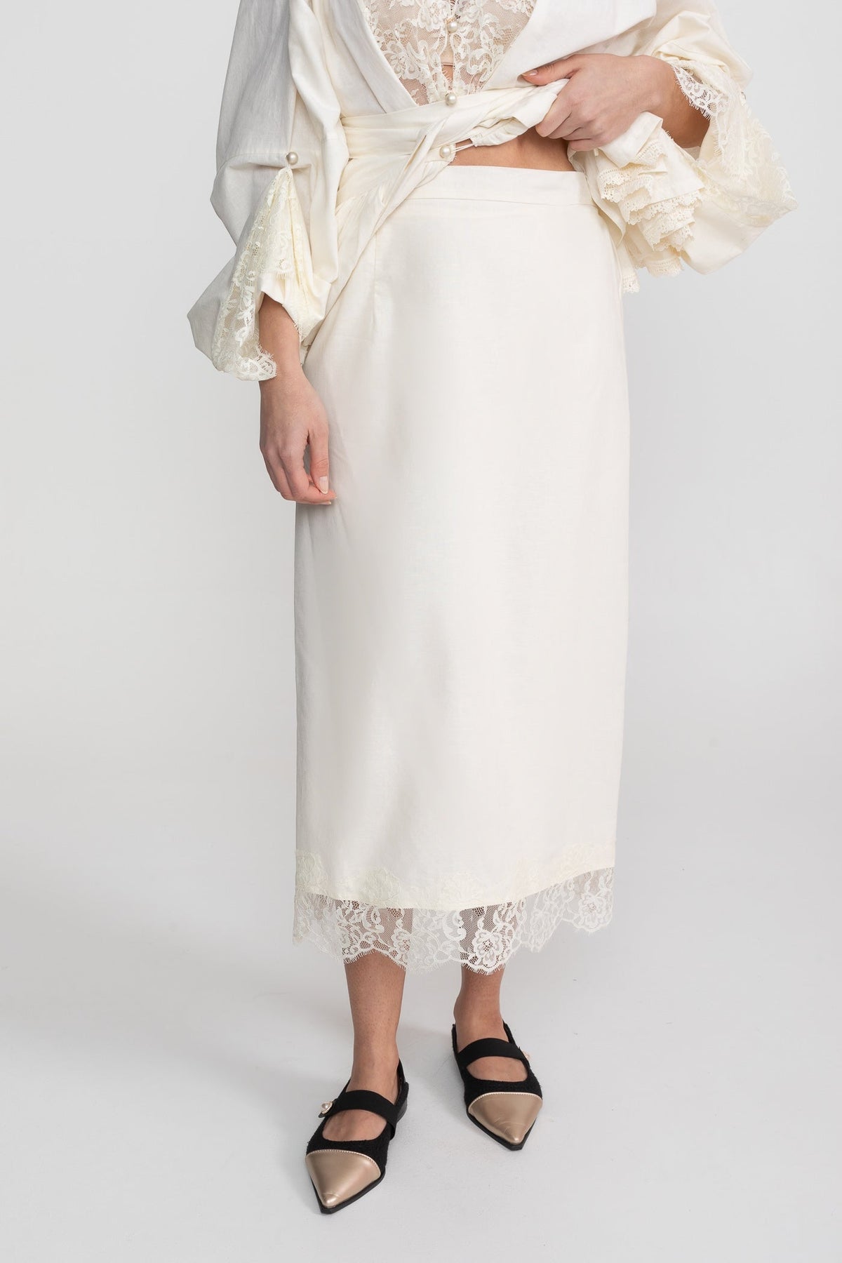 Belted Peplum Blouse and Midi Skirt Co-ord Set with Lace Inserts – Ivory