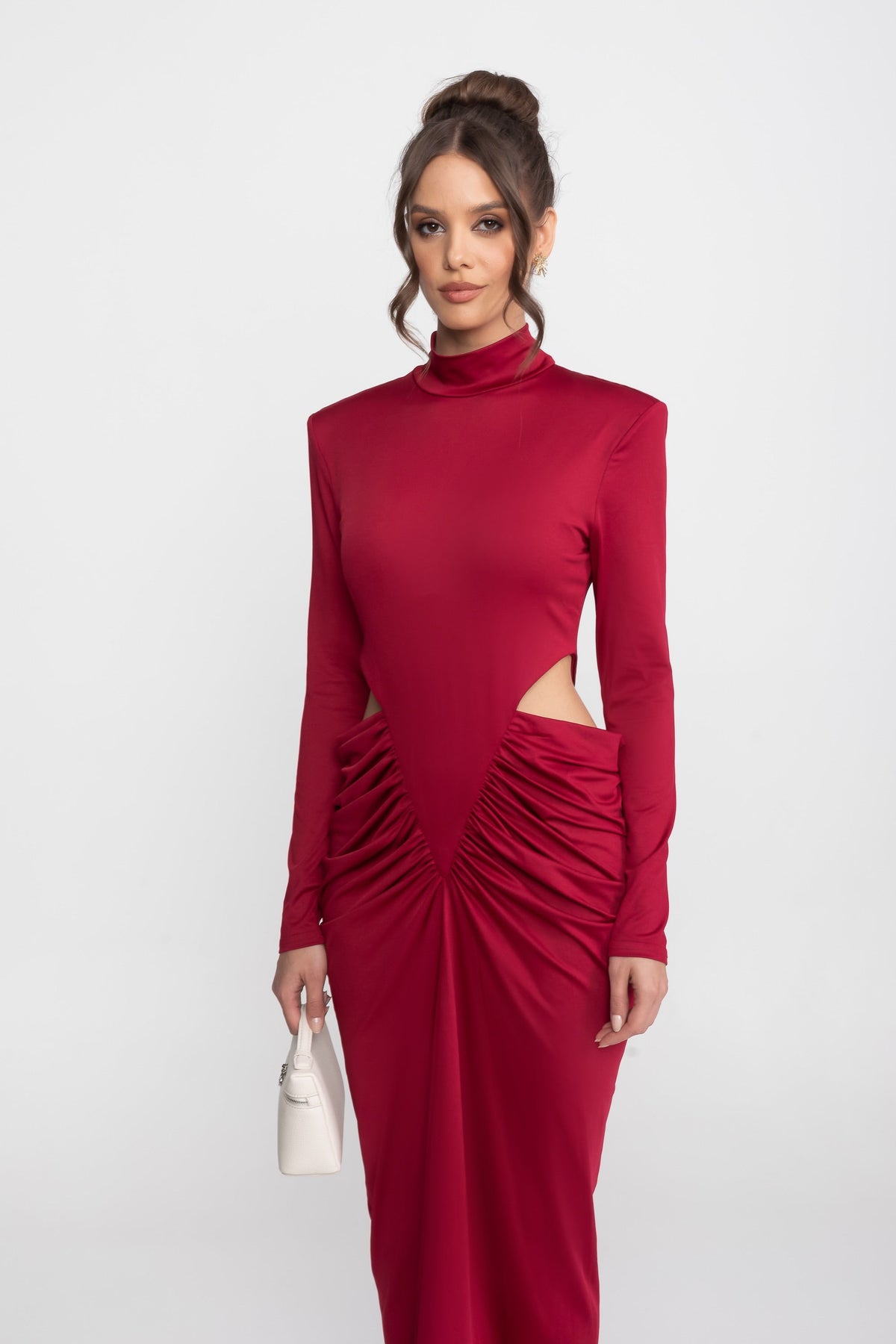 High Neck Long Sleeve Jersey Maxi Dress with Cut-Out Waist – Red – view 2