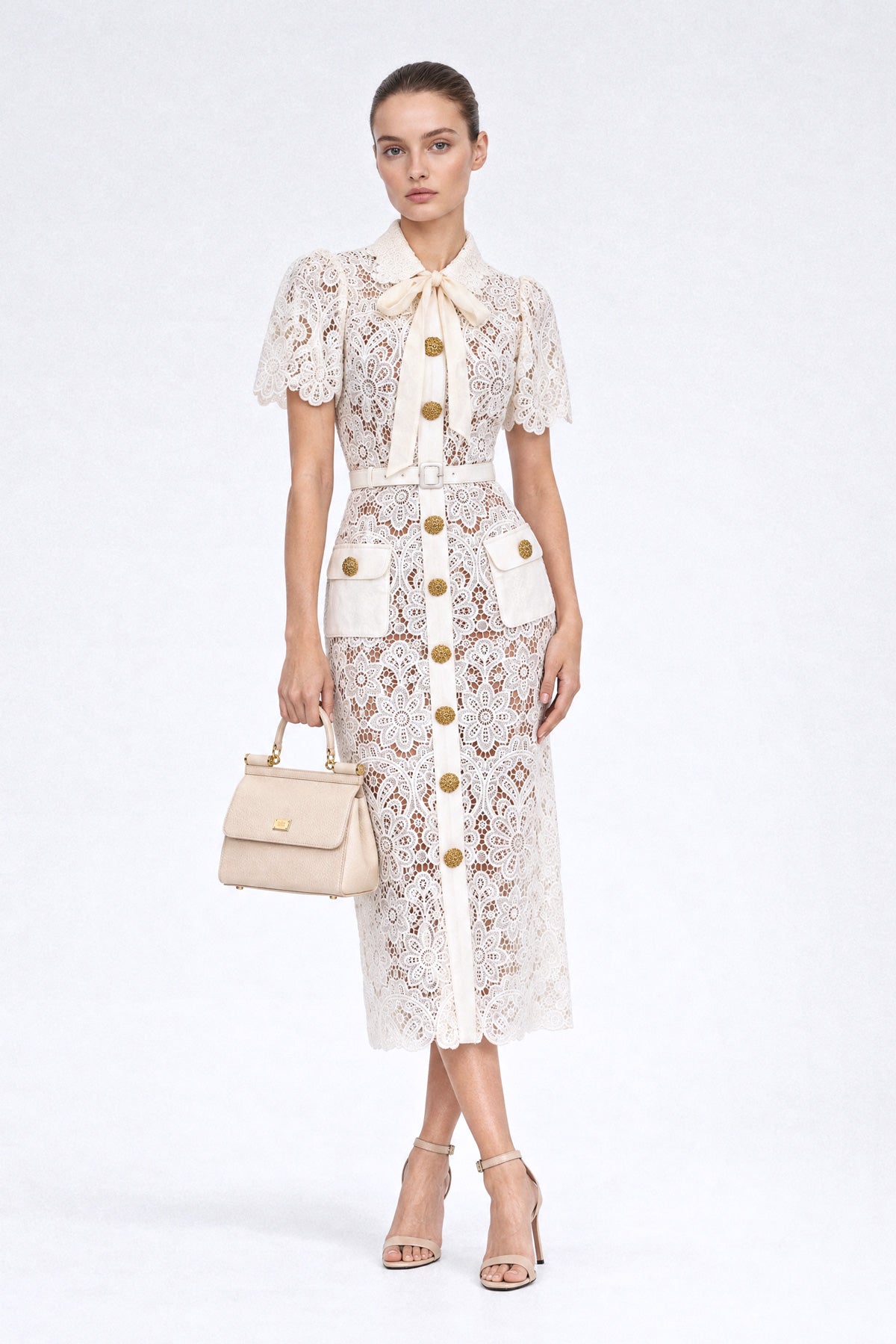 Daisy Guipure Lace Tie-Neck Bow Pencil Midi Shirt Dress – Ivory – view 1