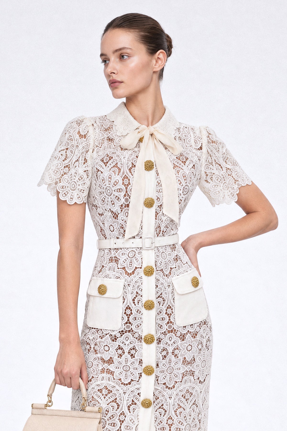 Daisy Guipure Lace Tie-Neck Bow Pencil Midi Shirt Dress – Ivory – view 3