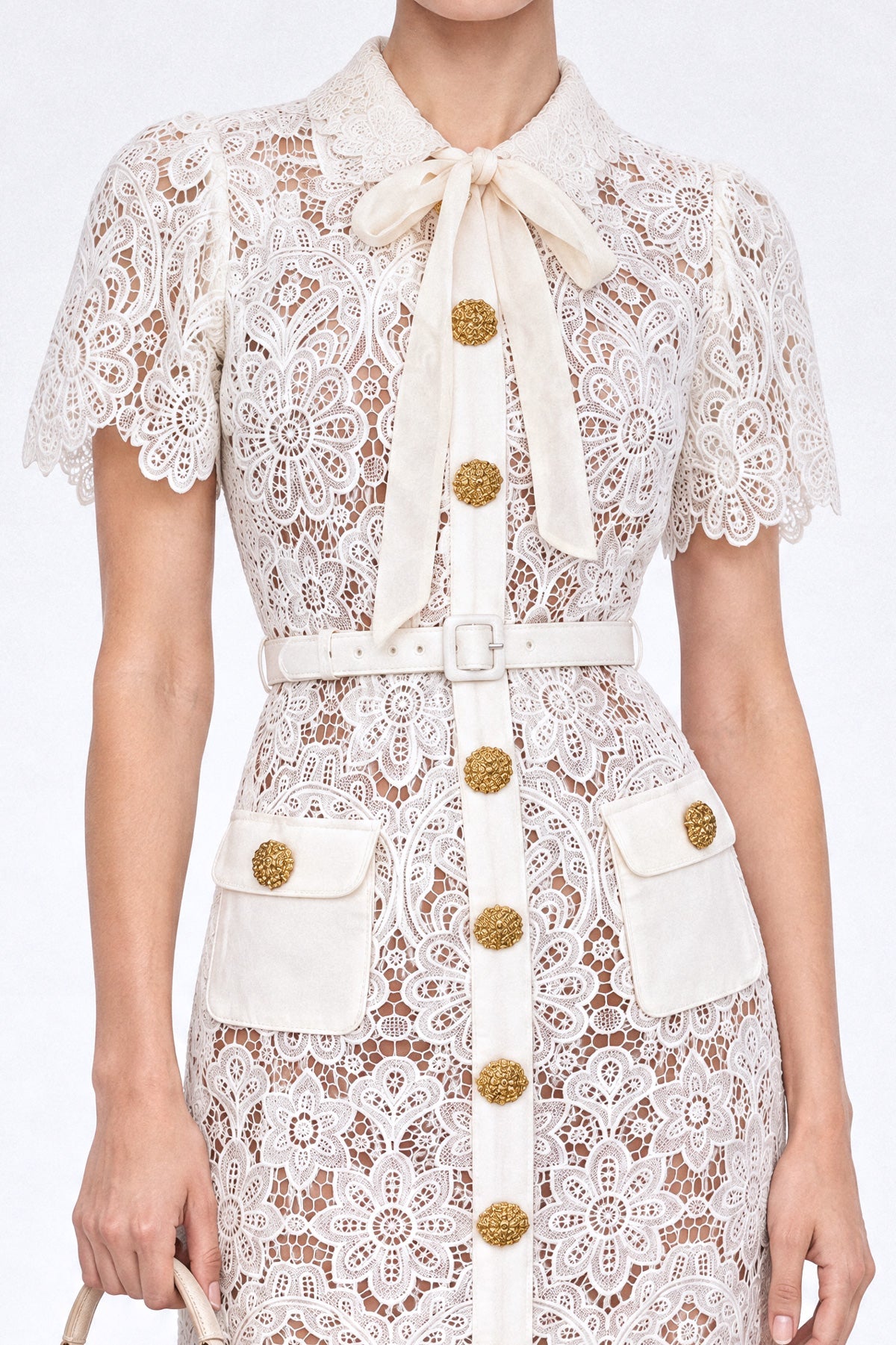 Daisy Guipure Lace Tie-Neck Bow Pencil Midi Shirt Dress – Ivory – view 4