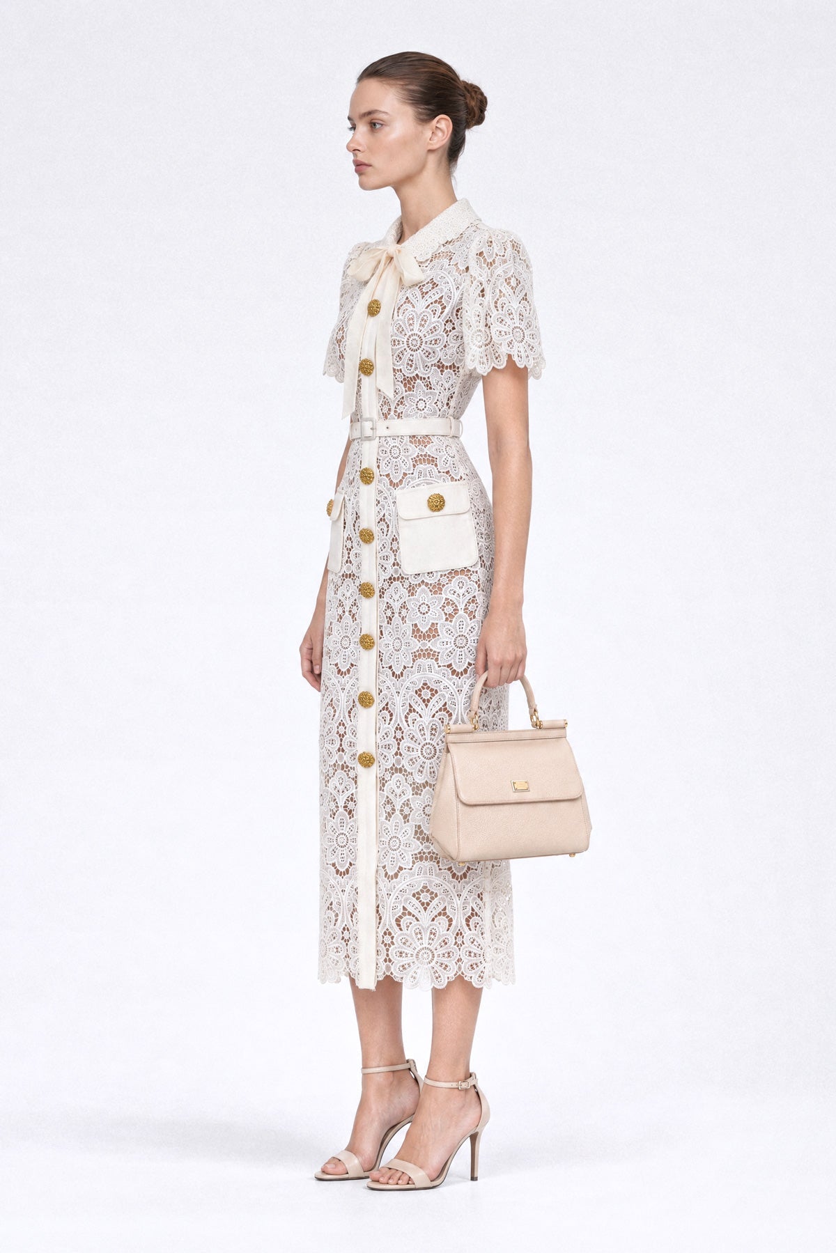 Daisy Guipure Lace Tie-Neck Bow Pencil Midi Shirt Dress – Ivory – view 5