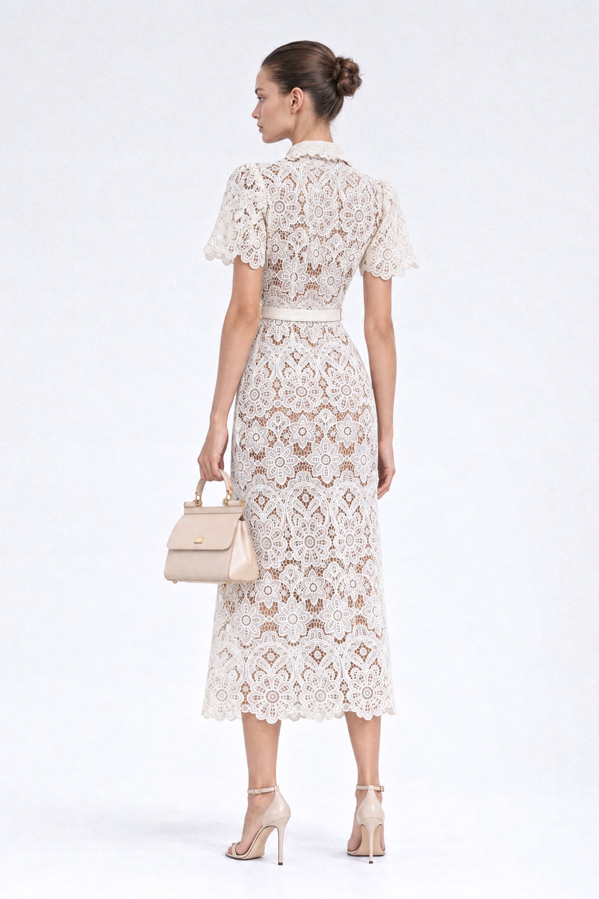 Daisy Guipure Lace Tie-Neck Bow Pencil Midi Shirt Dress – Ivory – view 6