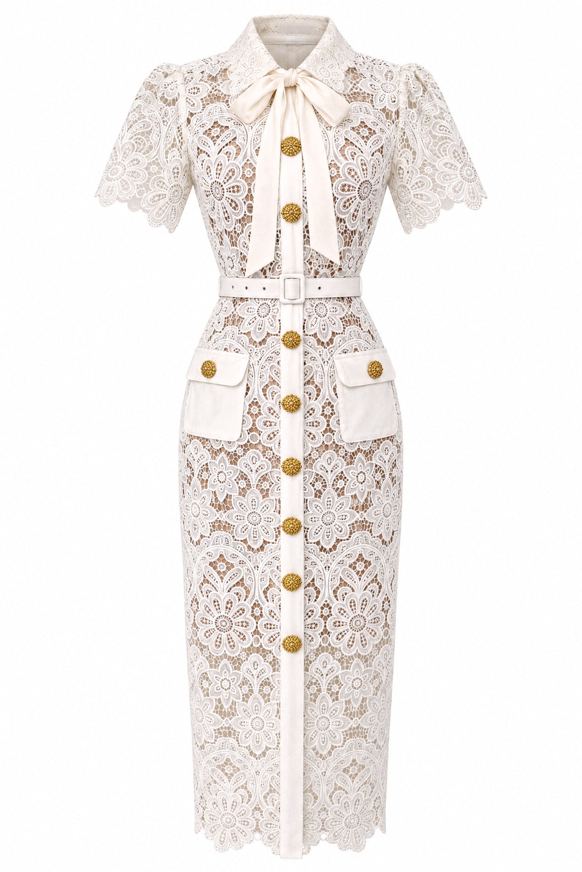 Daisy Guipure Lace Tie-Neck Bow Pencil Midi Shirt Dress – Ivory – view 2