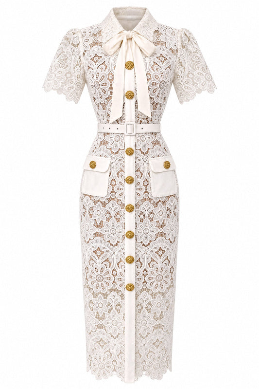 Daisy Guipure Lace Tie-Neck Bow Pencil Midi Shirt Dress – Ivory – view 2