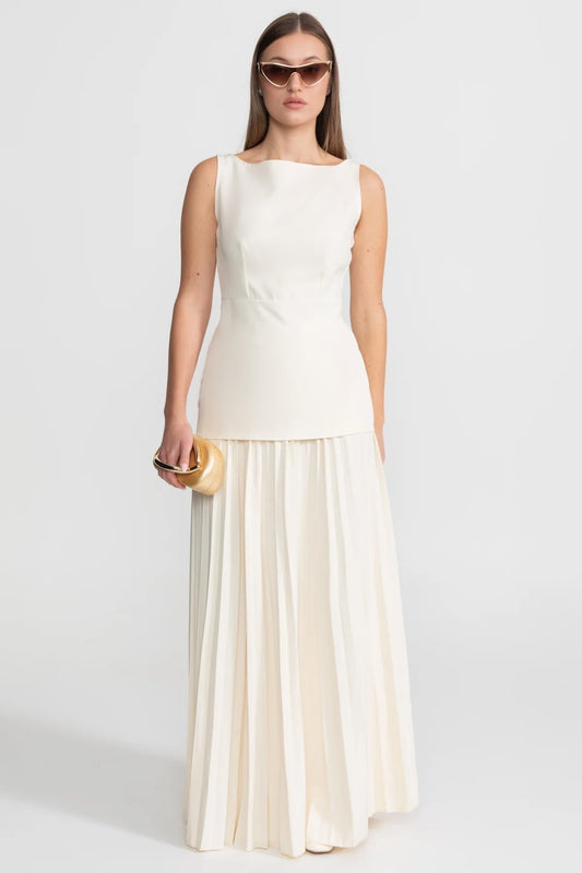 Sleeveless Bateau Neck Tailored Top and Pleated Maxi Skirt Set – Ivory