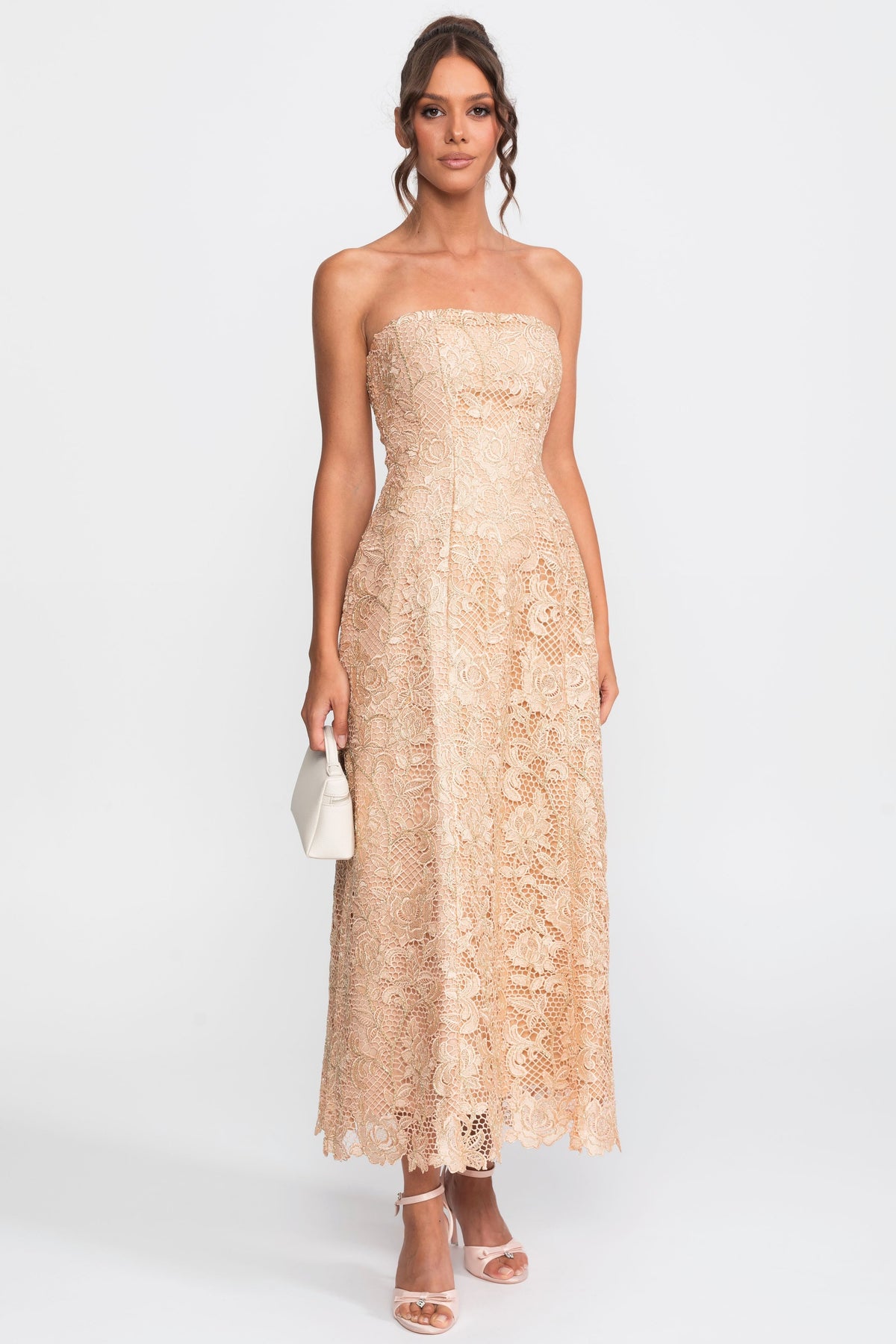 Strapless Floral Lace Ballgown with Full A-Line Skirt – Gold – view 3