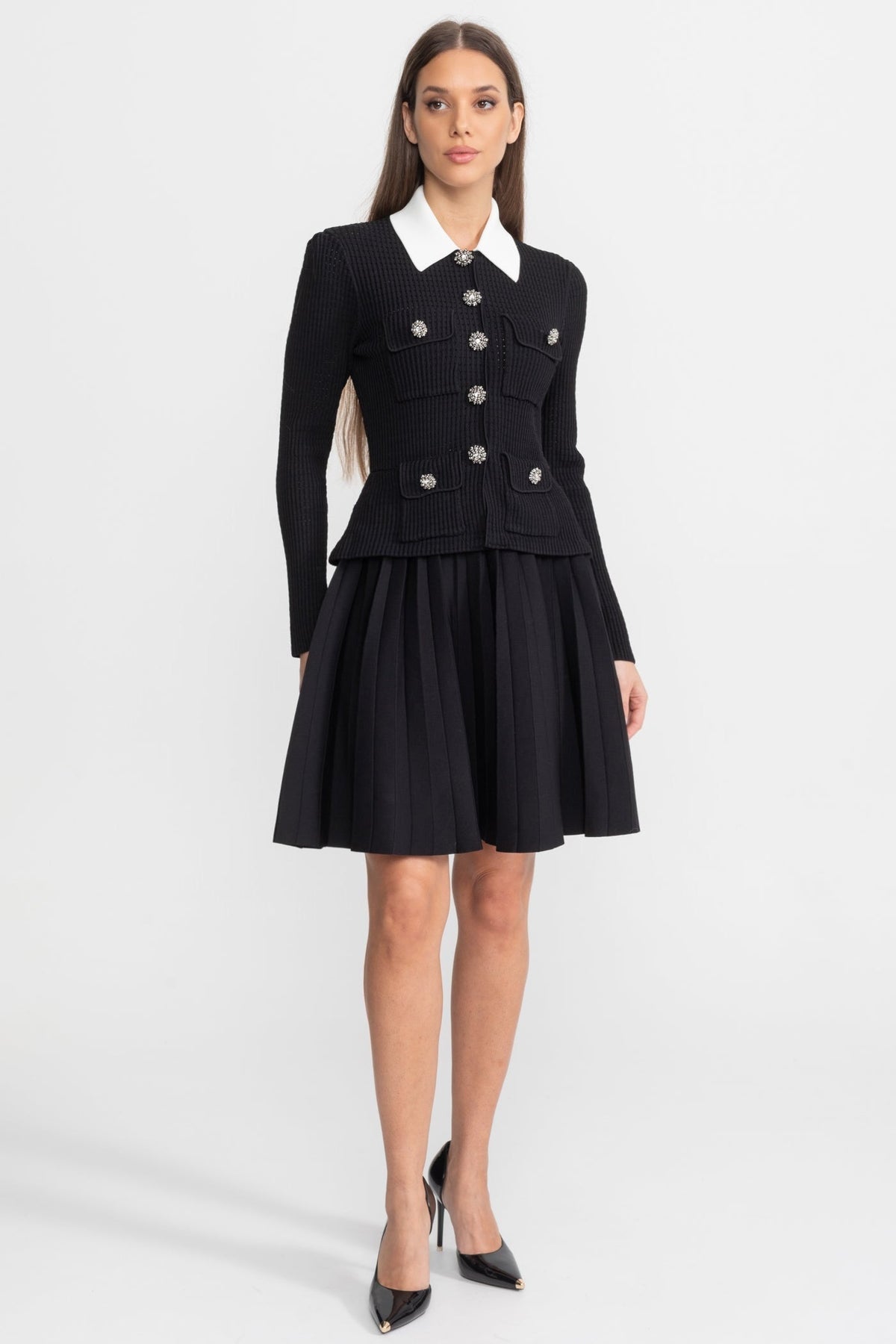 Ribbed Knit Mini Dress with Contrast Collar and Crystal Buttons – Black – view 2