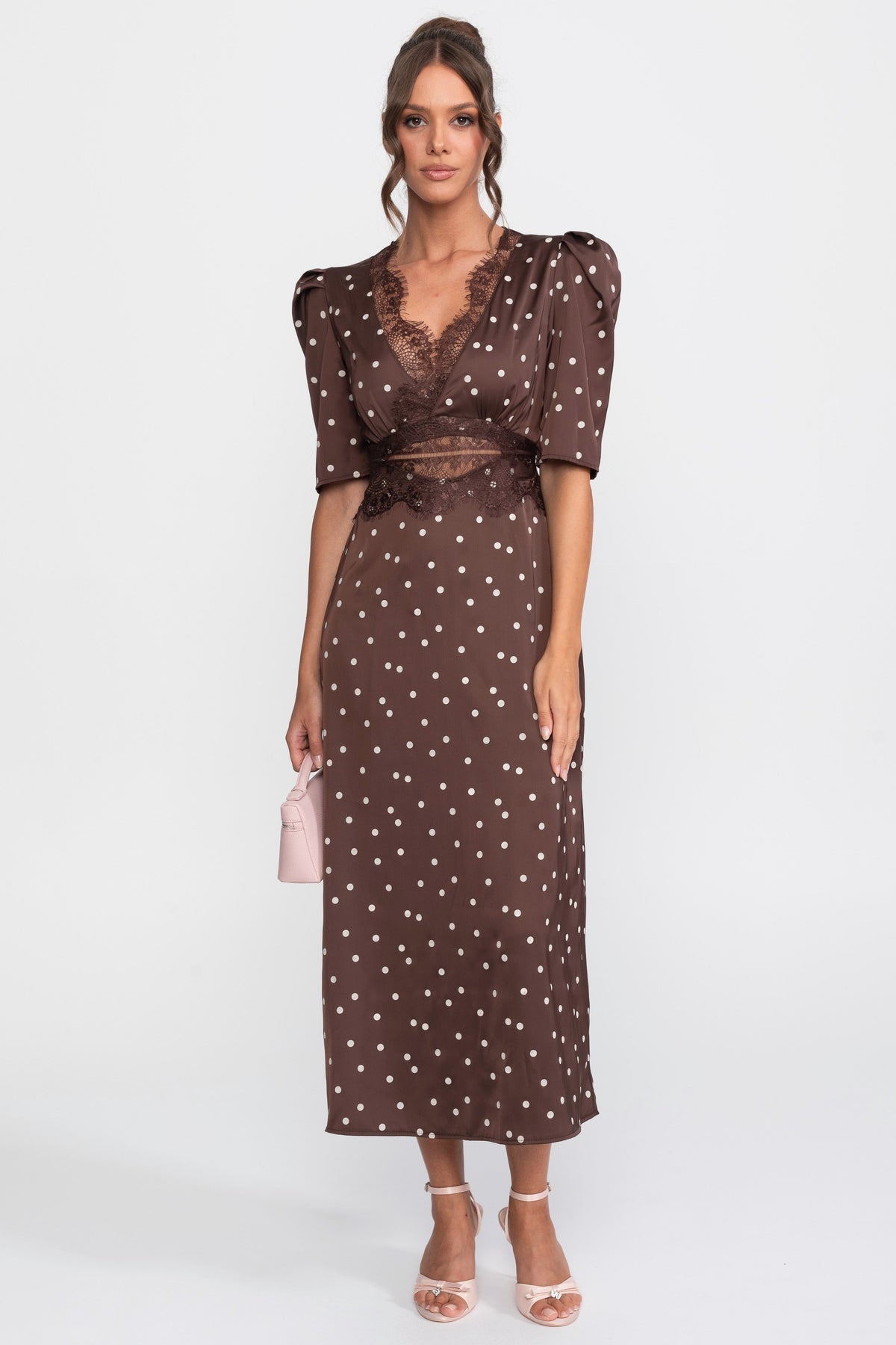 Satin Polka Dot Puff Sleeve Midi Dress with Lace Trim – Brown – view 1