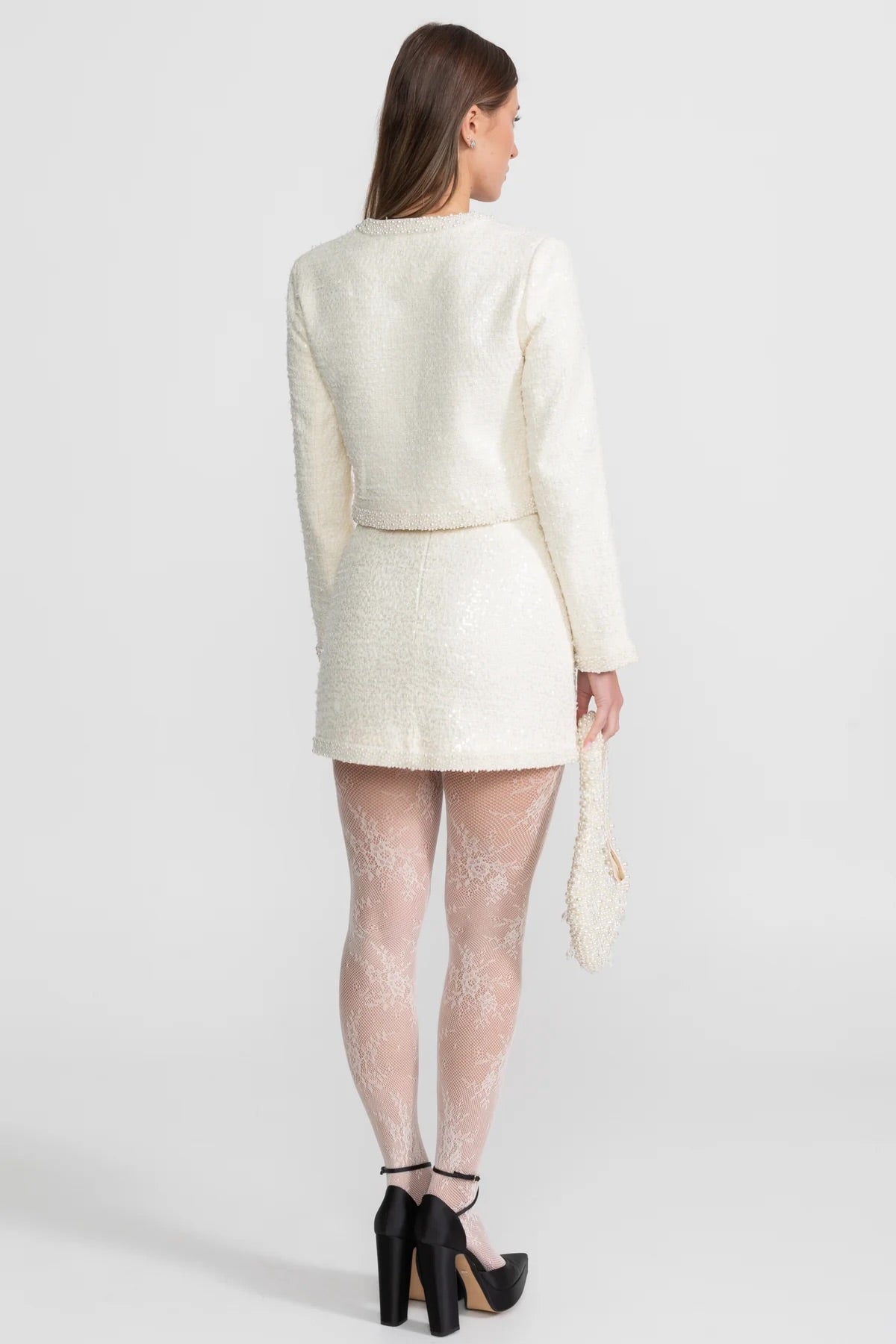 Tweed Mini Skirt with Tonal Beaded Trim and Hemline – Ivoire – view 6