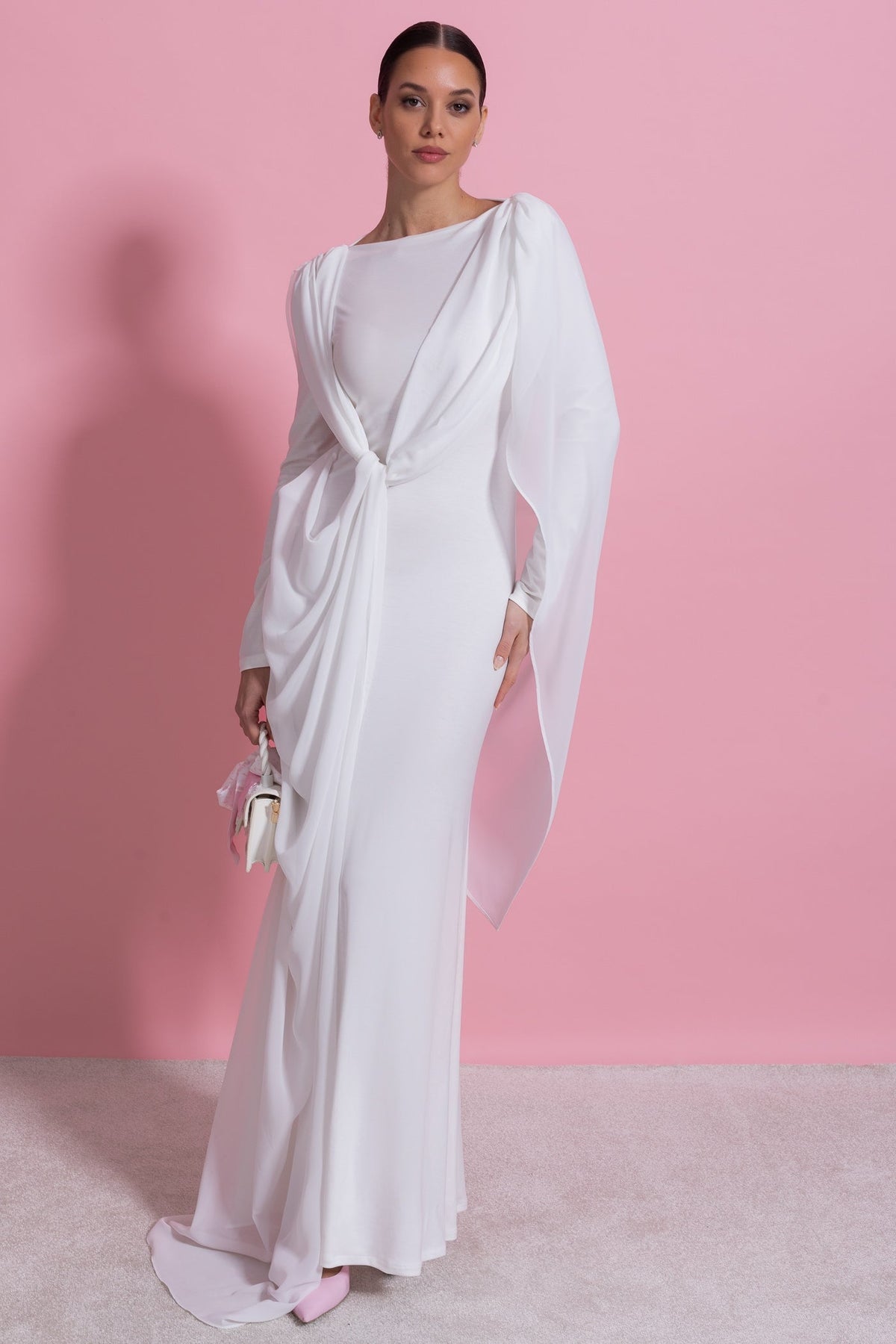 Bateau Neck Long Sleeve Jersey Maxi Dress with Cape Overlay – White – view 3