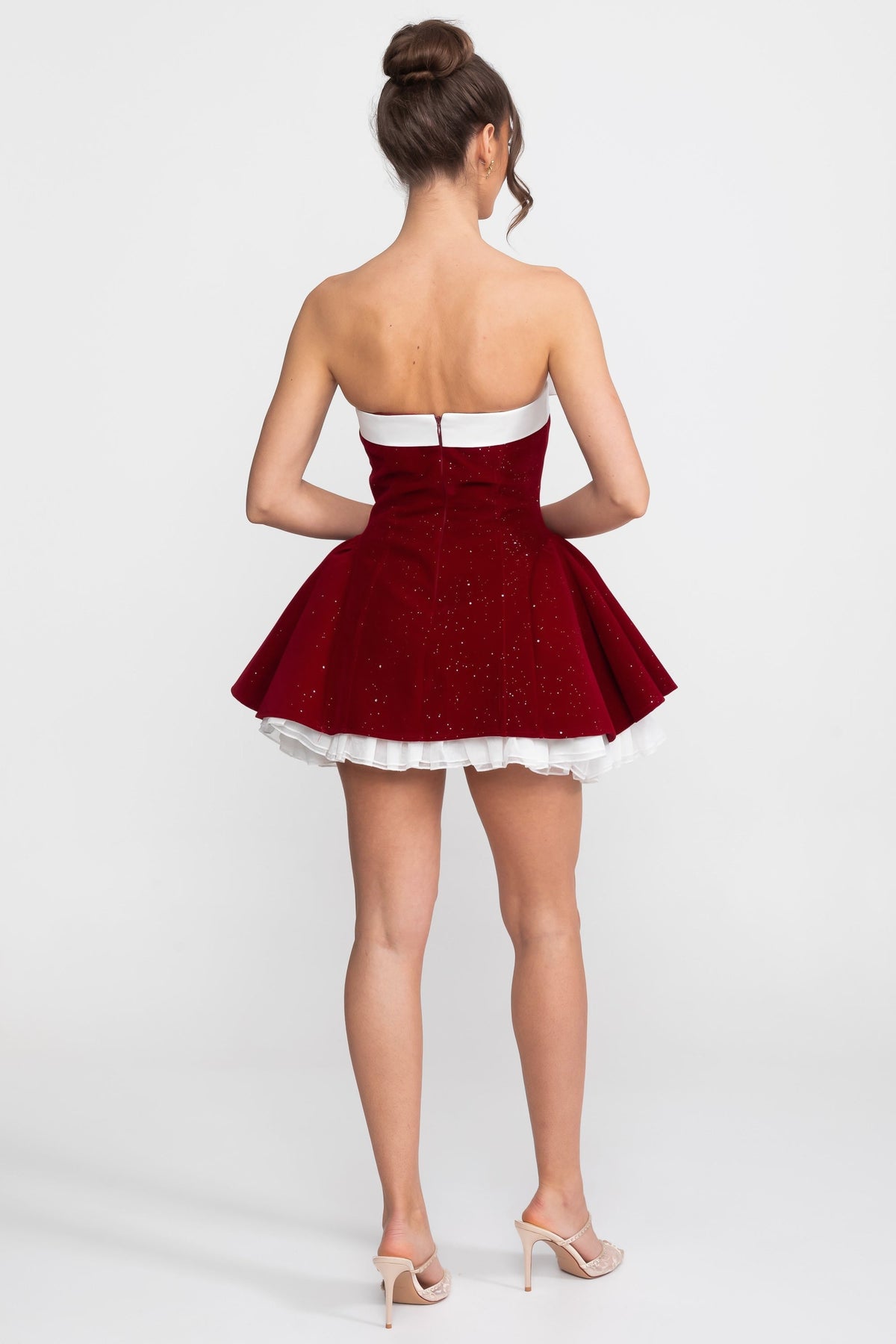 Strapless Velvet A-Line Mini Dress with White Satin Bow – Red – view 3