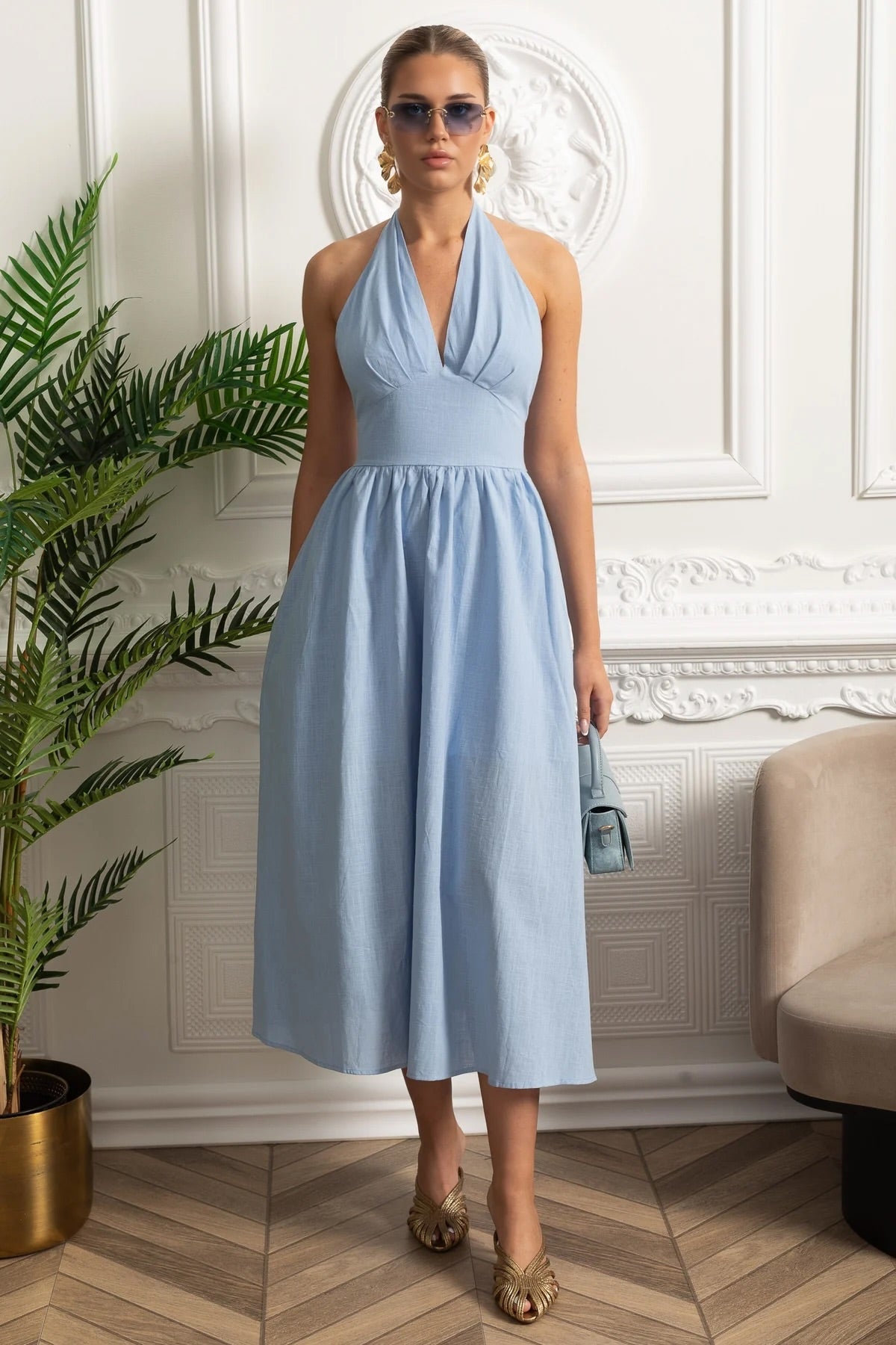 Plunging Halterneck Midi Dress with A-Line Gathered Skirt – Blue
