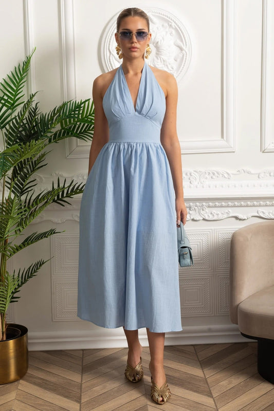 Plunging Halterneck Midi Dress with A-Line Gathered Skirt – Blue
