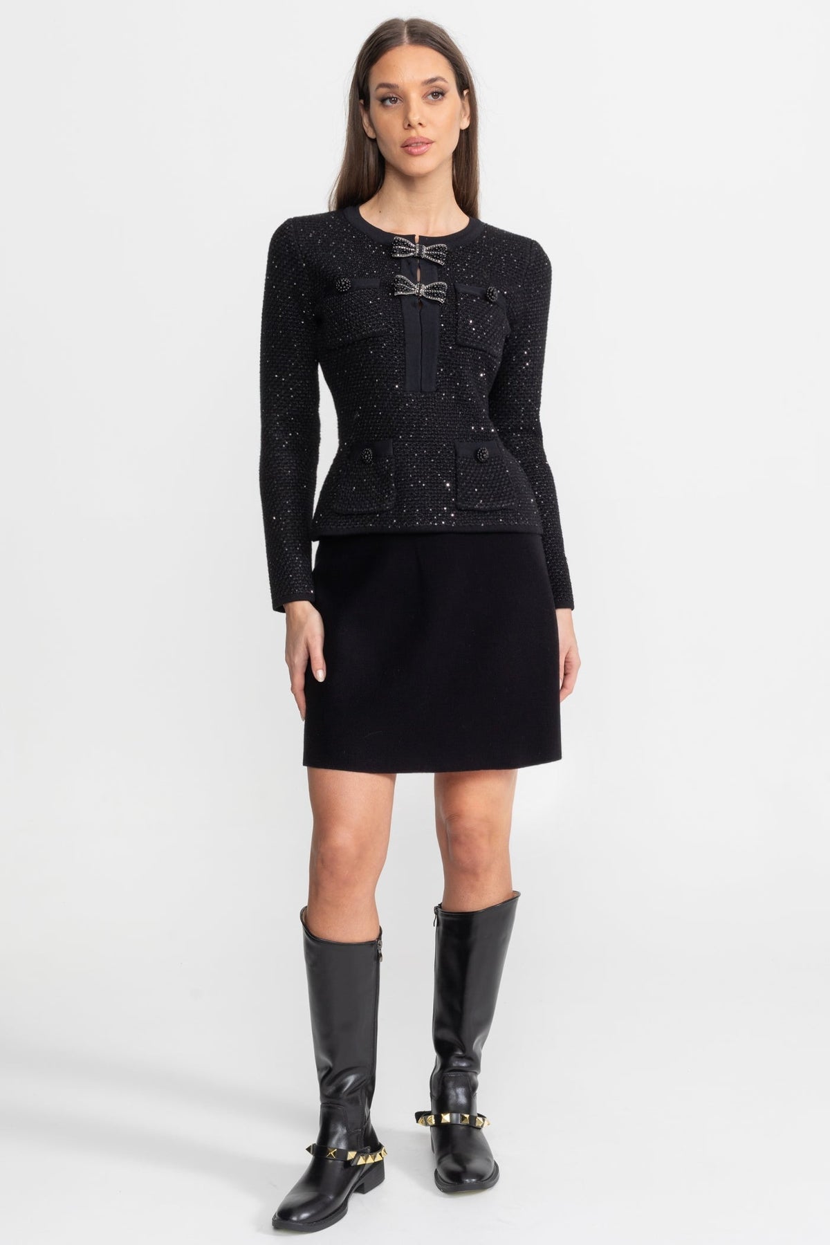 Embellished Tweed Cropped Jacket and A-Line Mini Skirt Set with Bows – Black