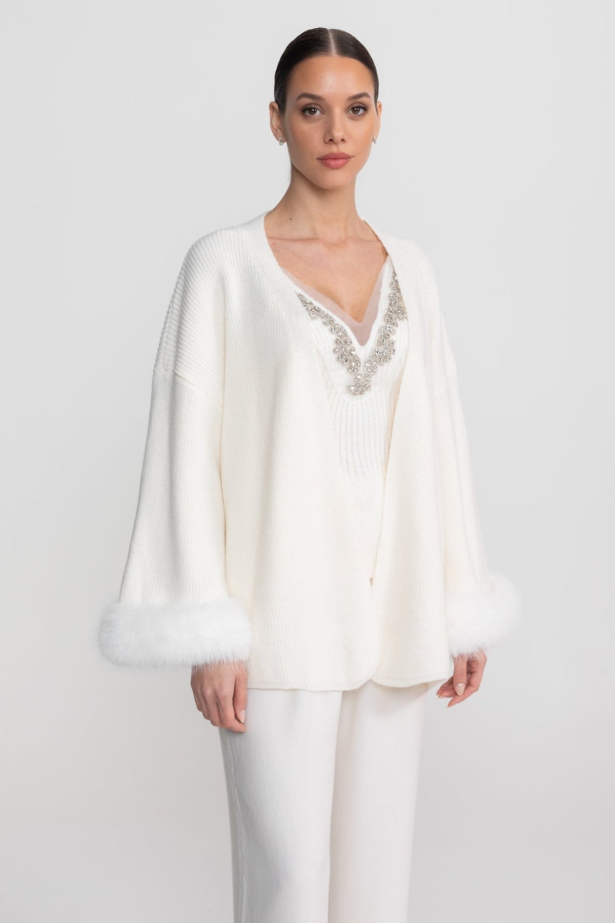 Crystal Knit Camisole and Longline Cardigan Set with Feather Cuffs – White
