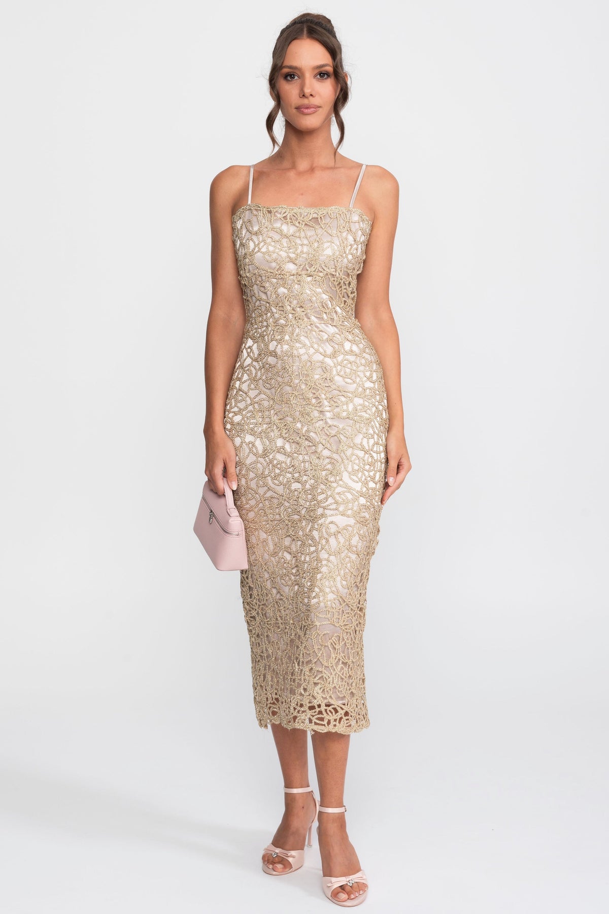 Metallic Crochet Lace Square Neck Sheath Midi Dress – Gold – view 1