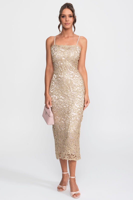 Metallic Crochet Lace Square Neck Sheath Midi Dress – Gold
