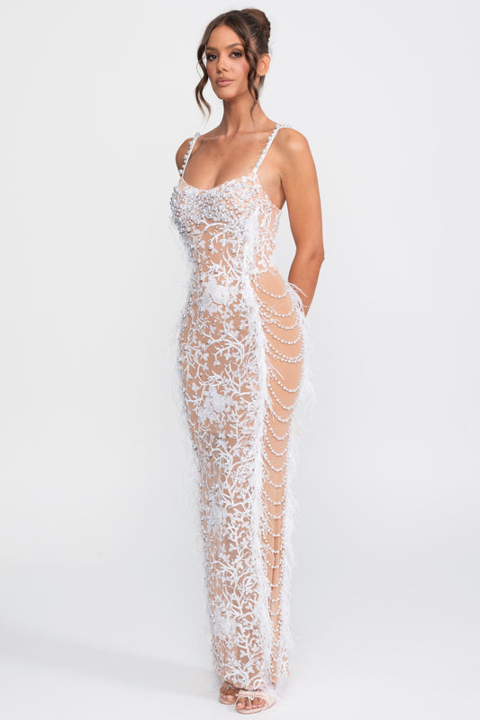 Feather Trim Pearl Beaded Lace Gown with Scoop Neck – White