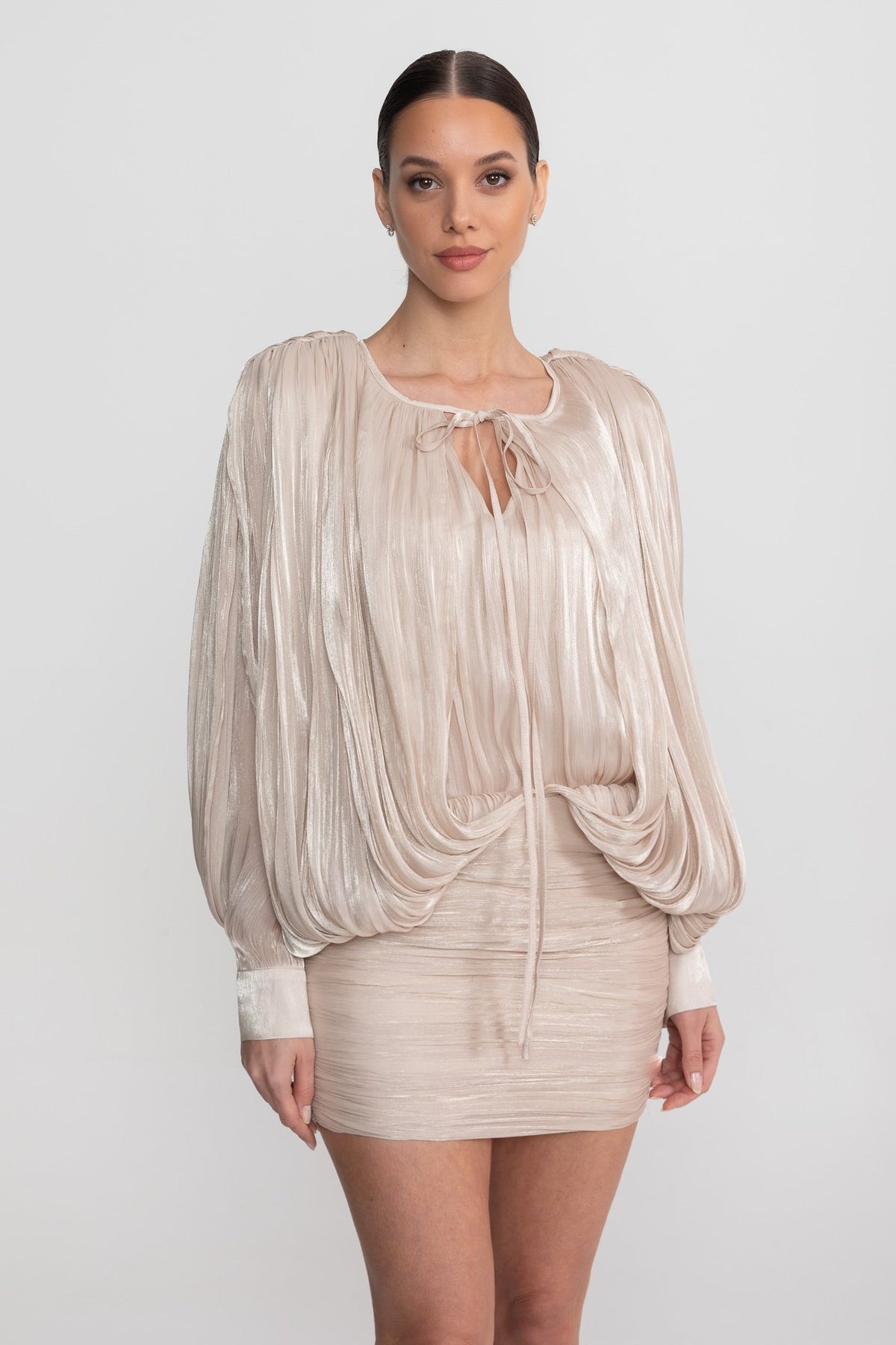 Draped Tie Neck Batwing Sleeve Mini Dress – Champagne – view 3