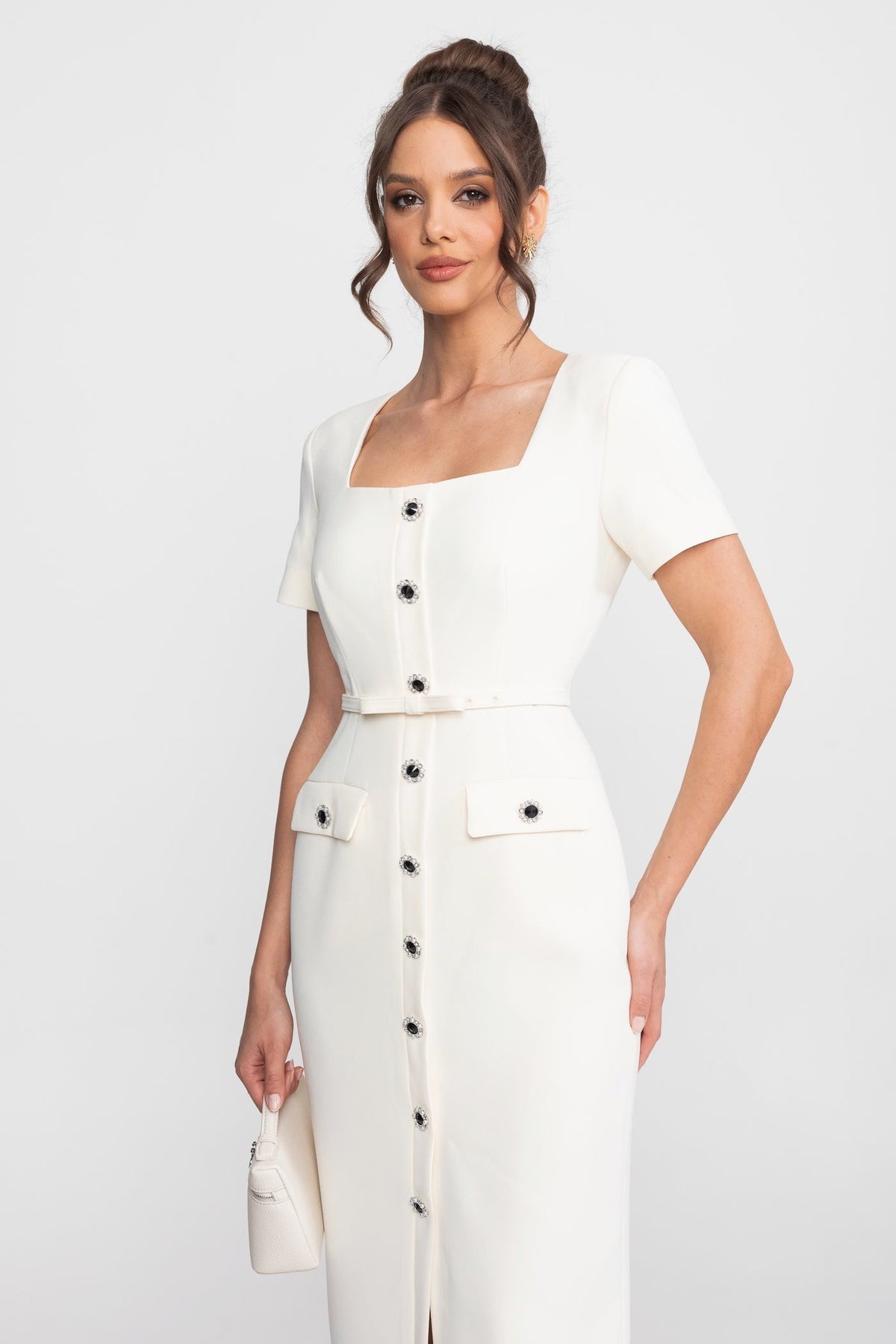Square Neck Button-Through Crepe Midi Dress with Jewel Buttons – White